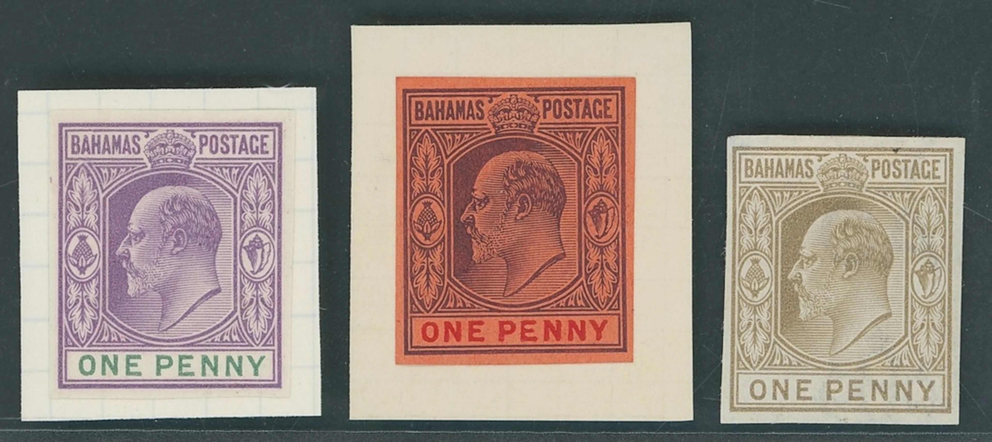 Bahamas 1902-07 CA 1d. imperforate colour trials (3) in purple and