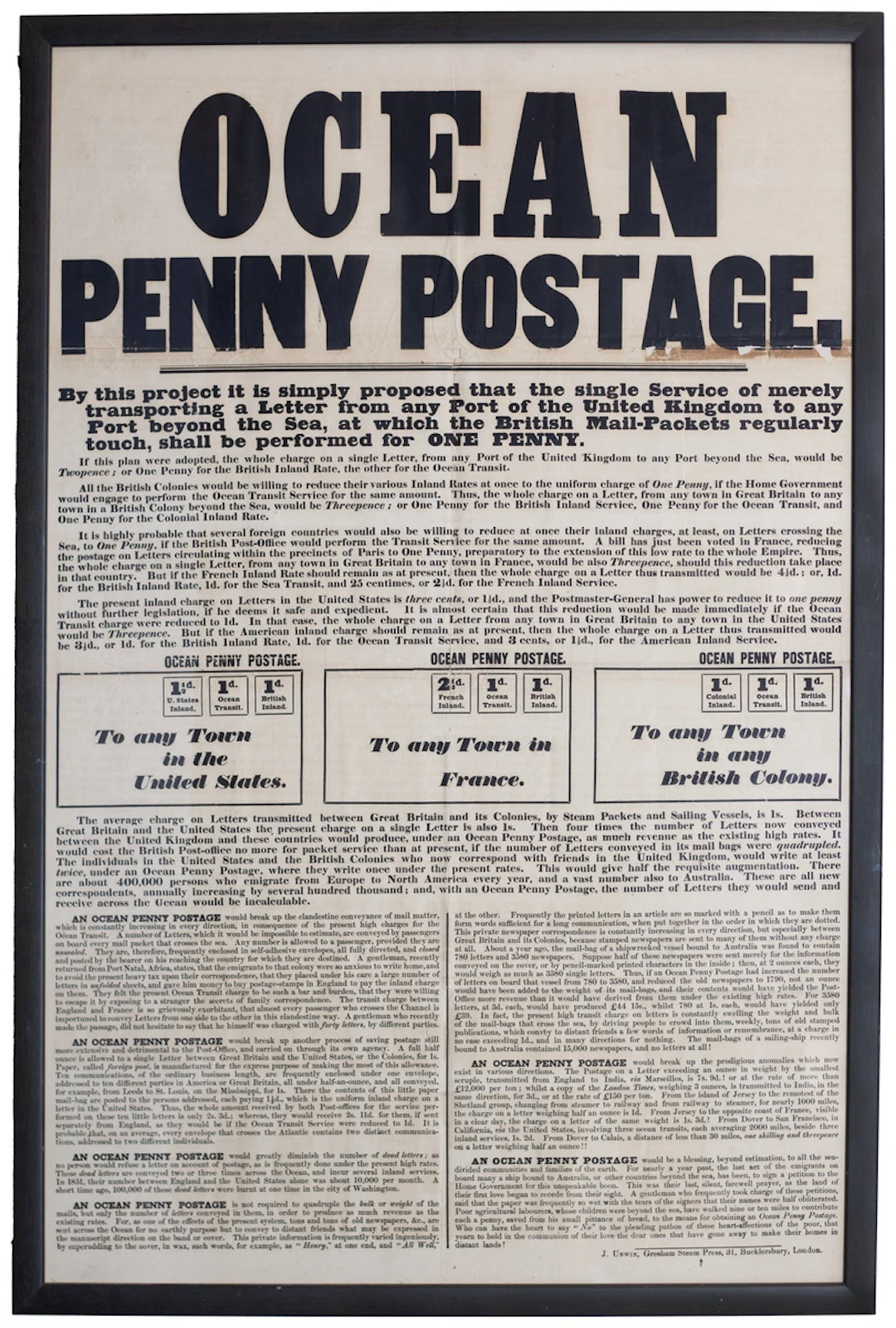 Great Britain Ephemera c.1840 large format Postal Notices titled "Ocean