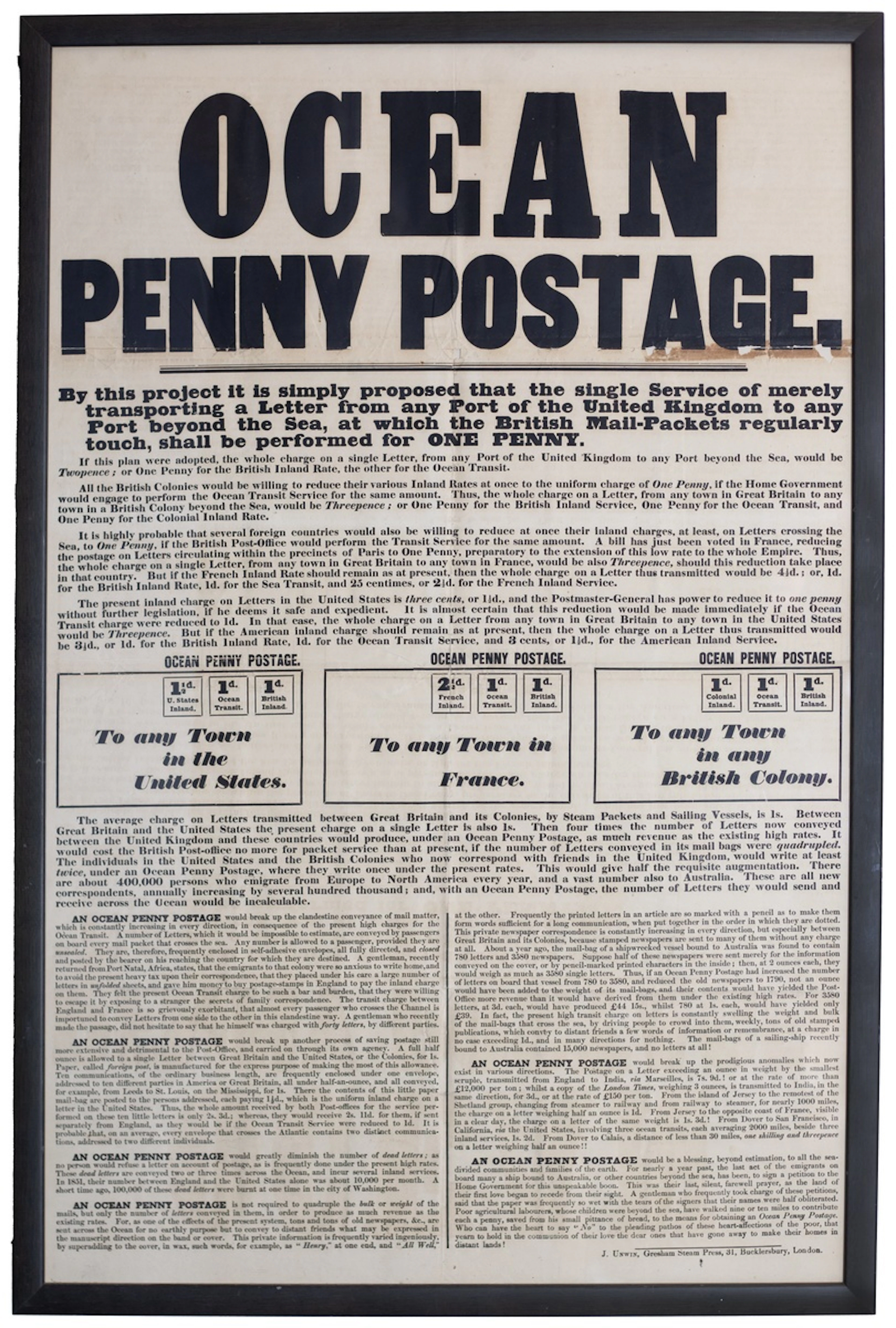 Great Britain Ephemera c.1840 large format Postal Notices titled "Ocean