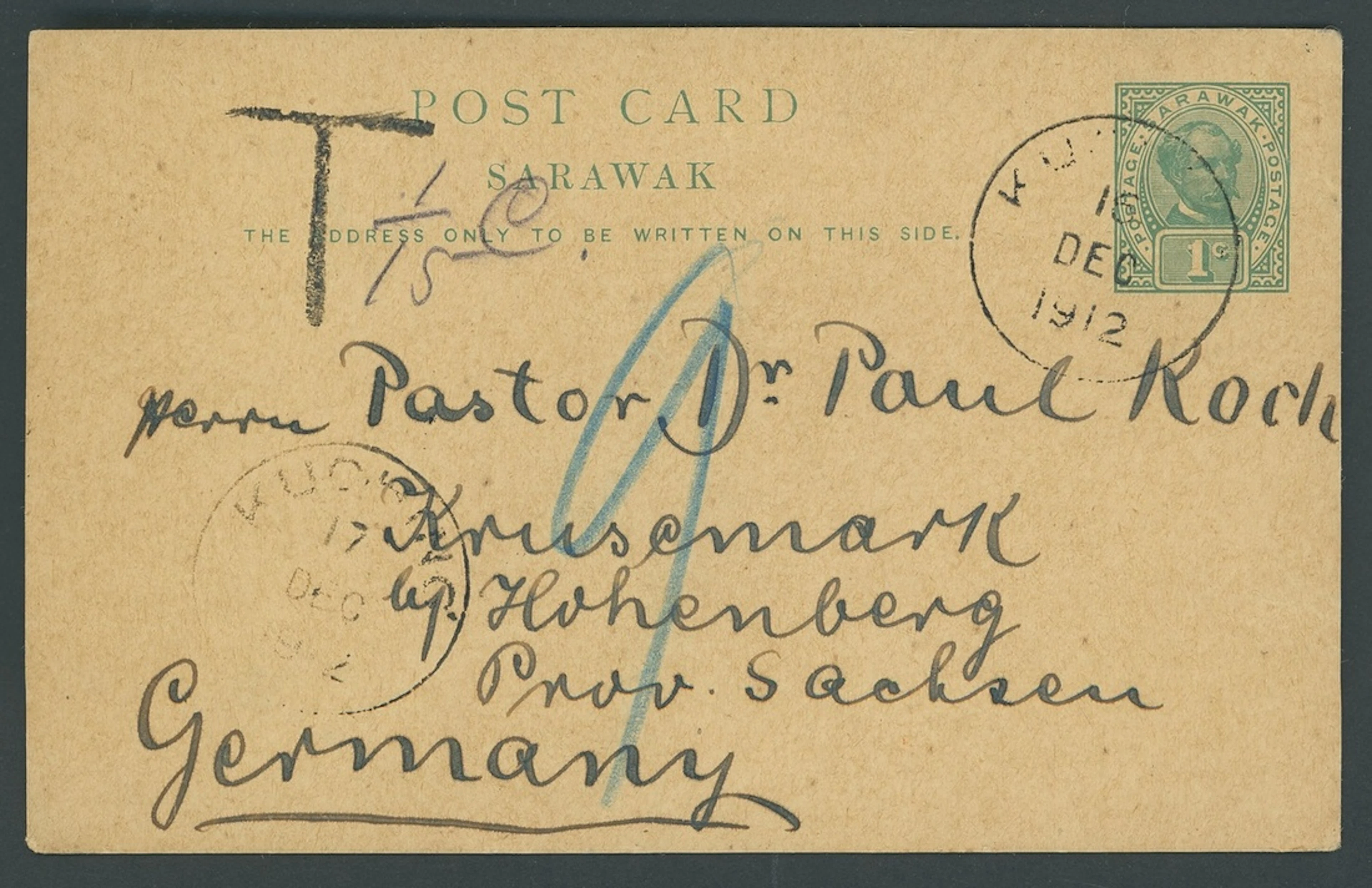 Sarawak Postal Stationery Postcards 1902 1c. 1912 (15 Dec.) to Germany
