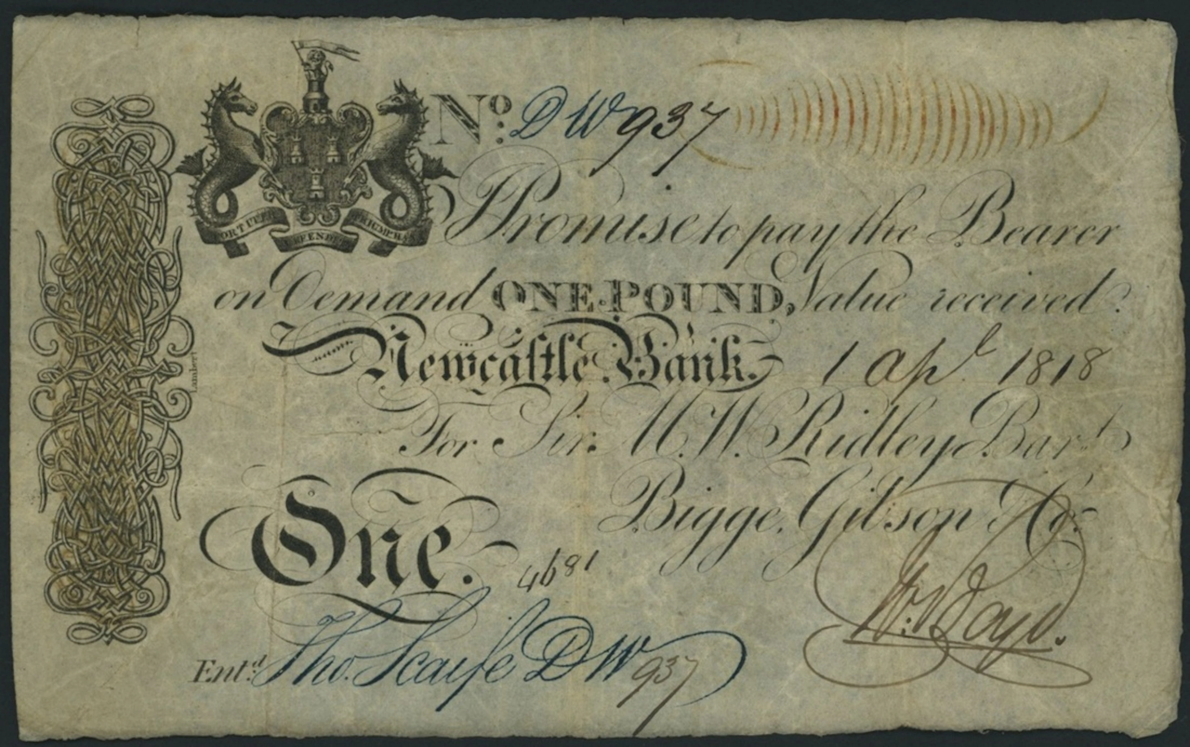 Newcastle Bank, for Sir M. W. Ridley Bart, Bigge, Gibson & Co., £1