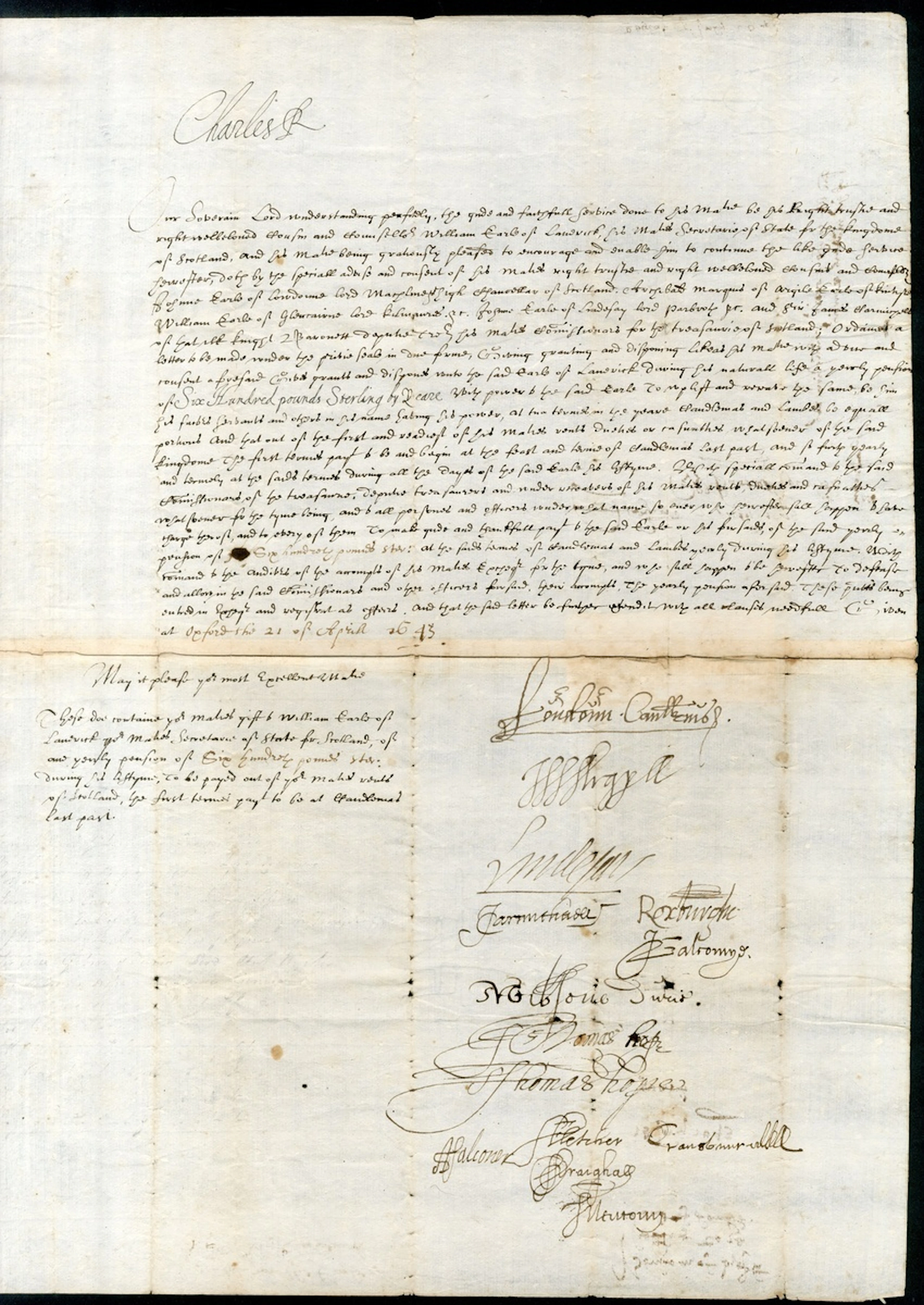 King Charles I 1643 (21 April) document "Given at Oxford", signed