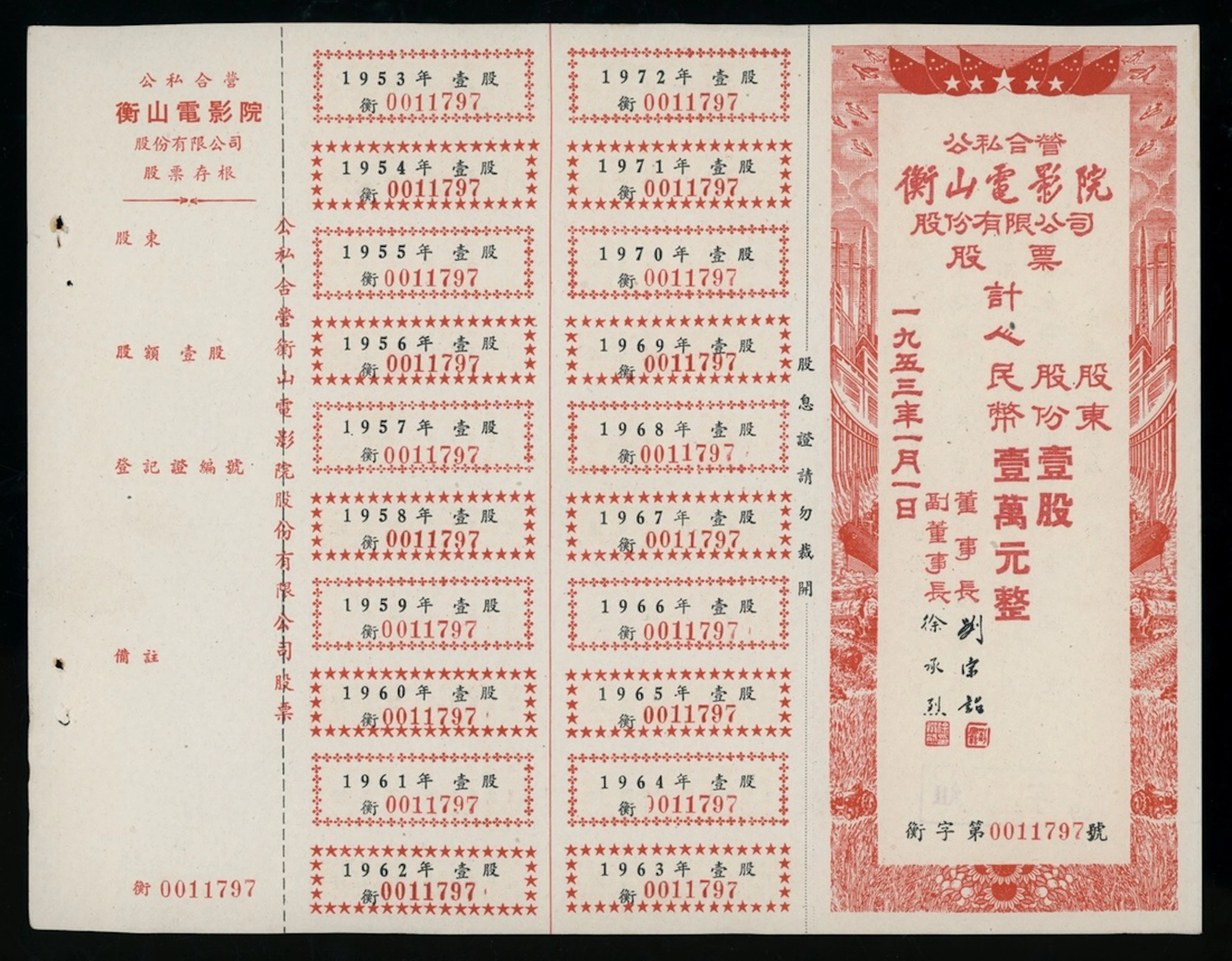 Heng Shan Cinema, Shanghai, China, a remainder share certificate for