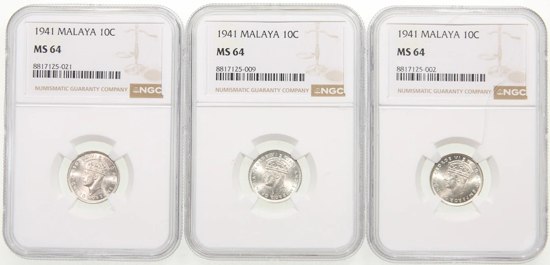 Malaya, [NGC MS64] a group of 3x 10 cents, 1941
