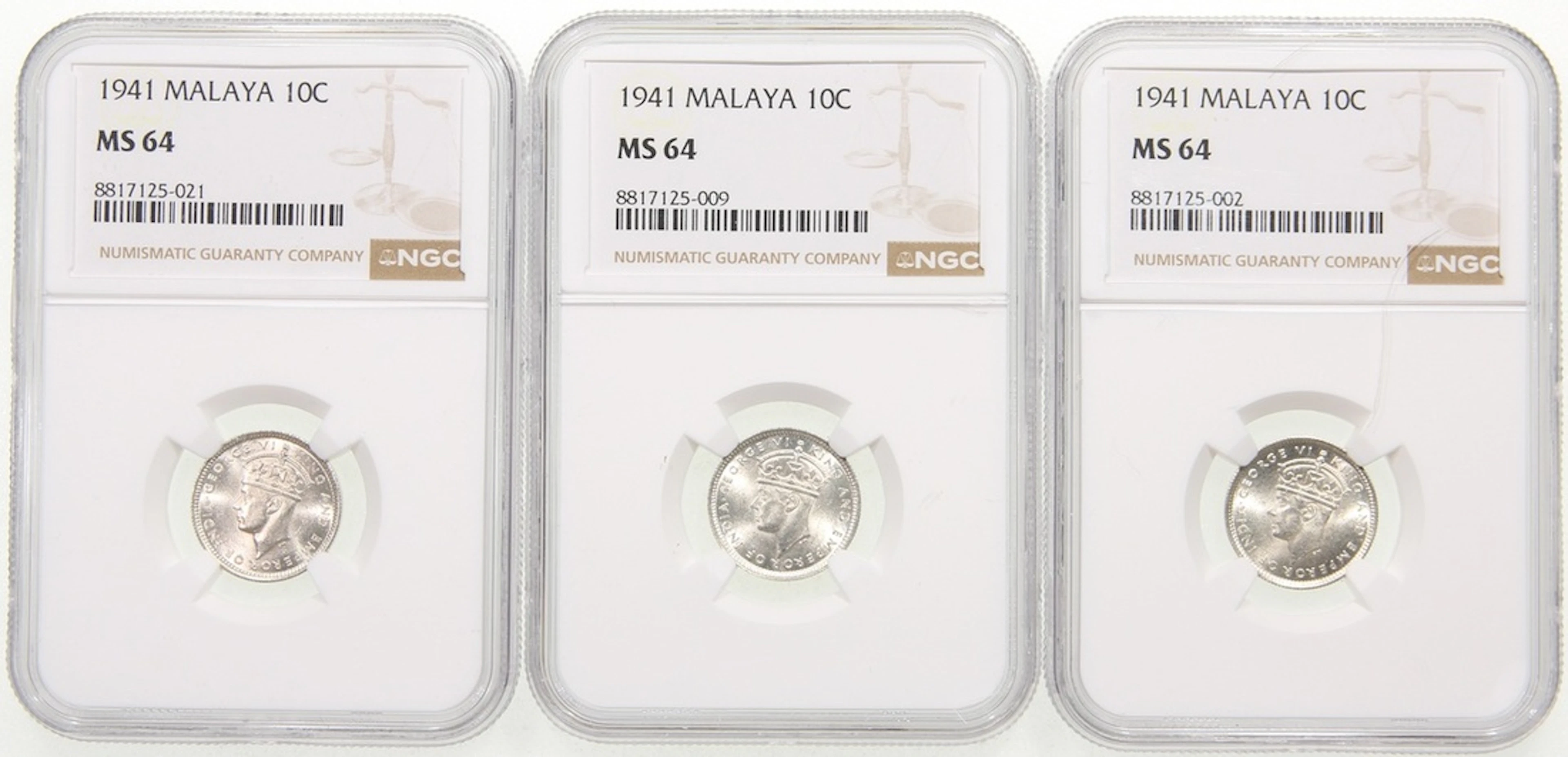 Malaya, [NGC MS64] a group of 3x 10 cents, 1941