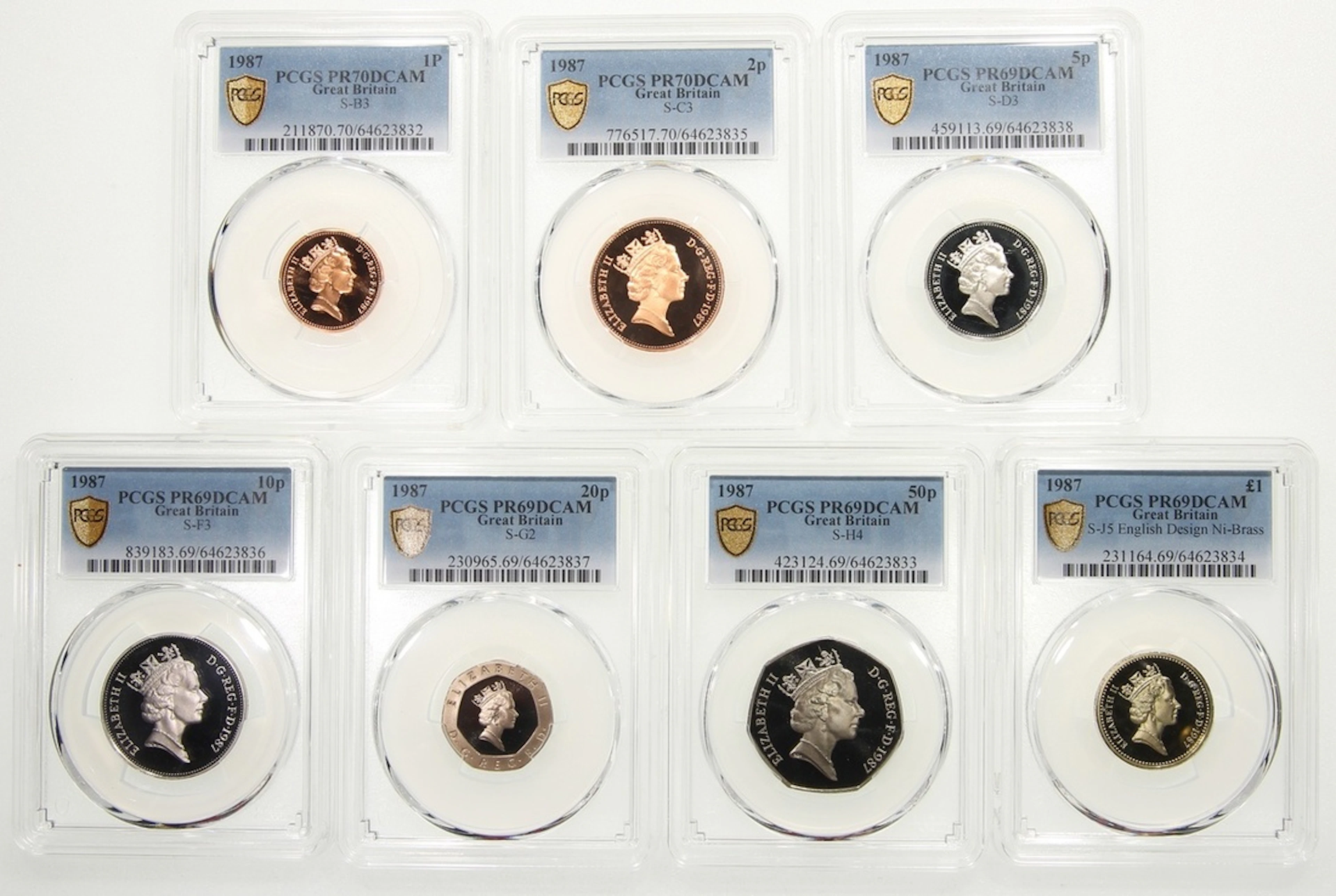 Great Britain, [PCGS PR69-70DCAM] a set of 7x, 1p, 2p, 5p, 10p, 20