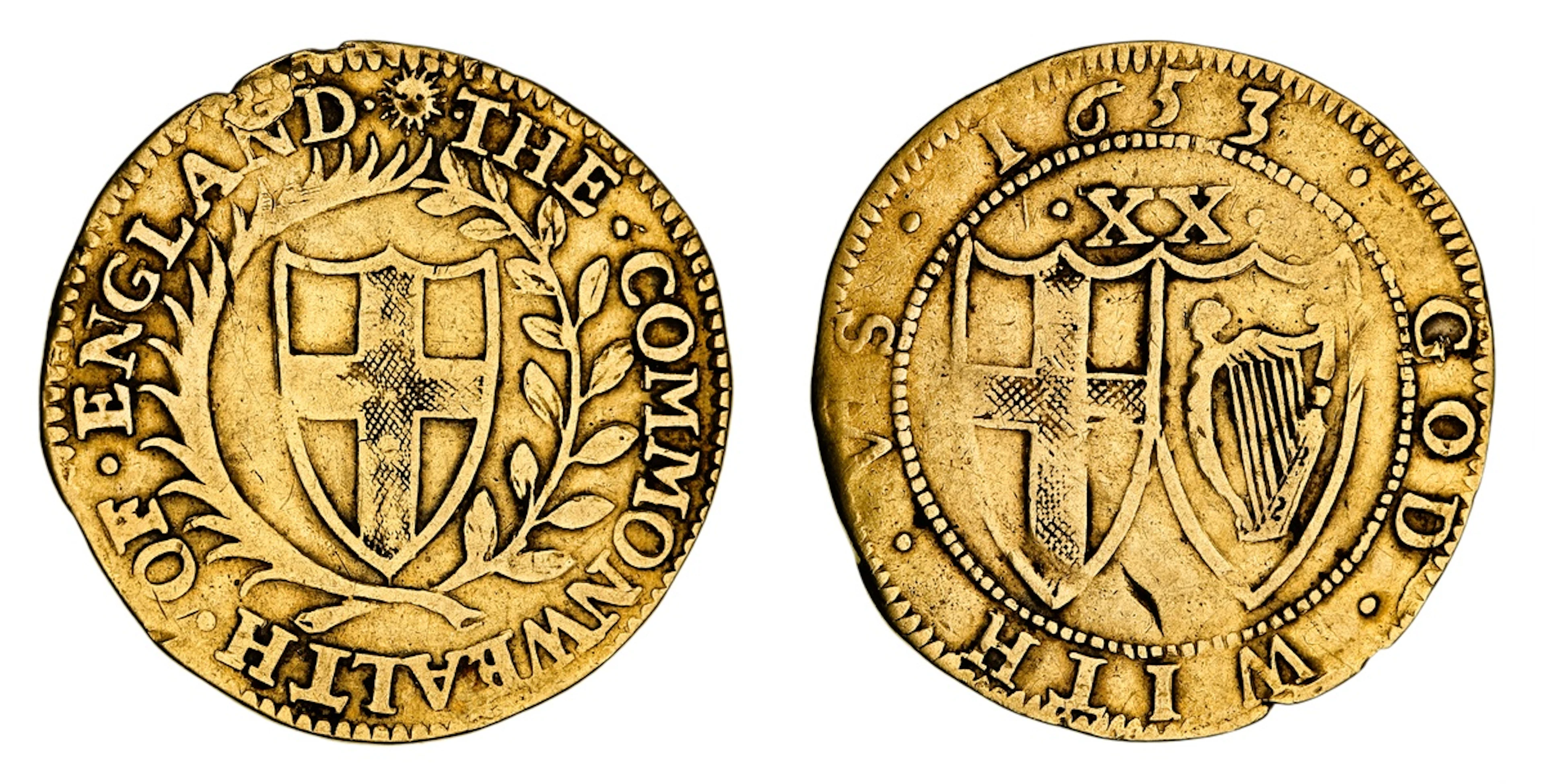 Commonwealth (1649-1660), Gold Unite, 1653, Tower, (i.m.) • THE •
