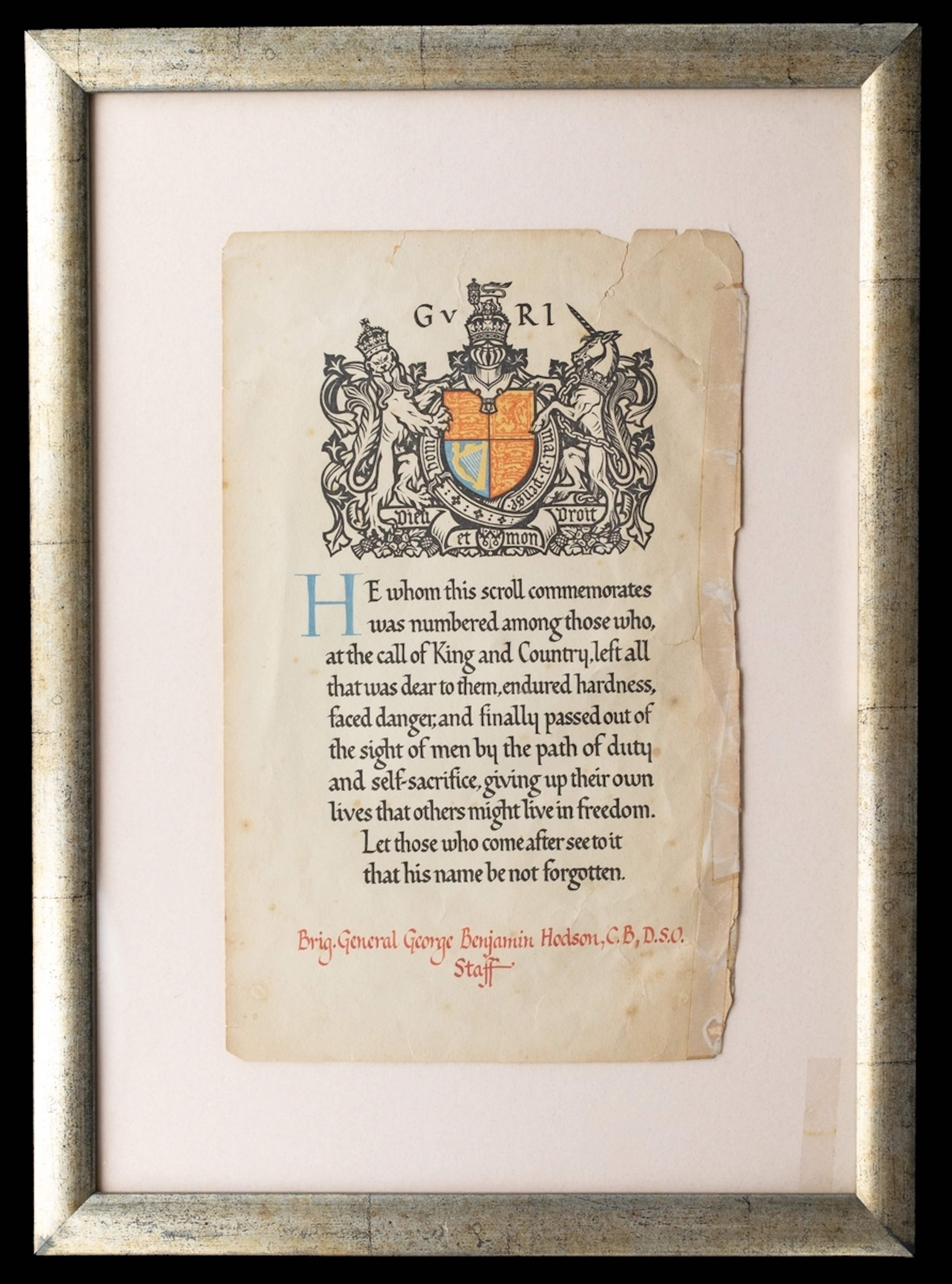 The Great War Memorial Scroll issued in remembrance of Brigadier-General