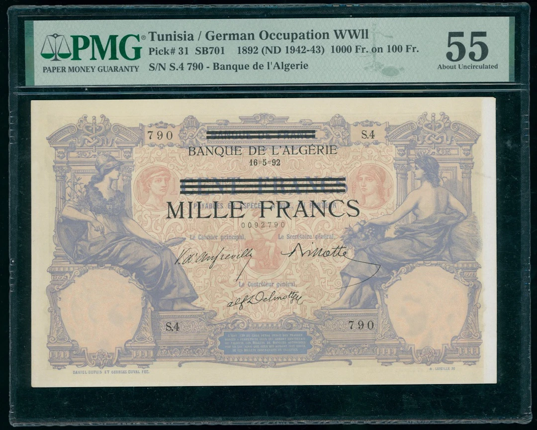 Banque de l'Algerie, Tunisia, German Occupation WWII, 1000 francs