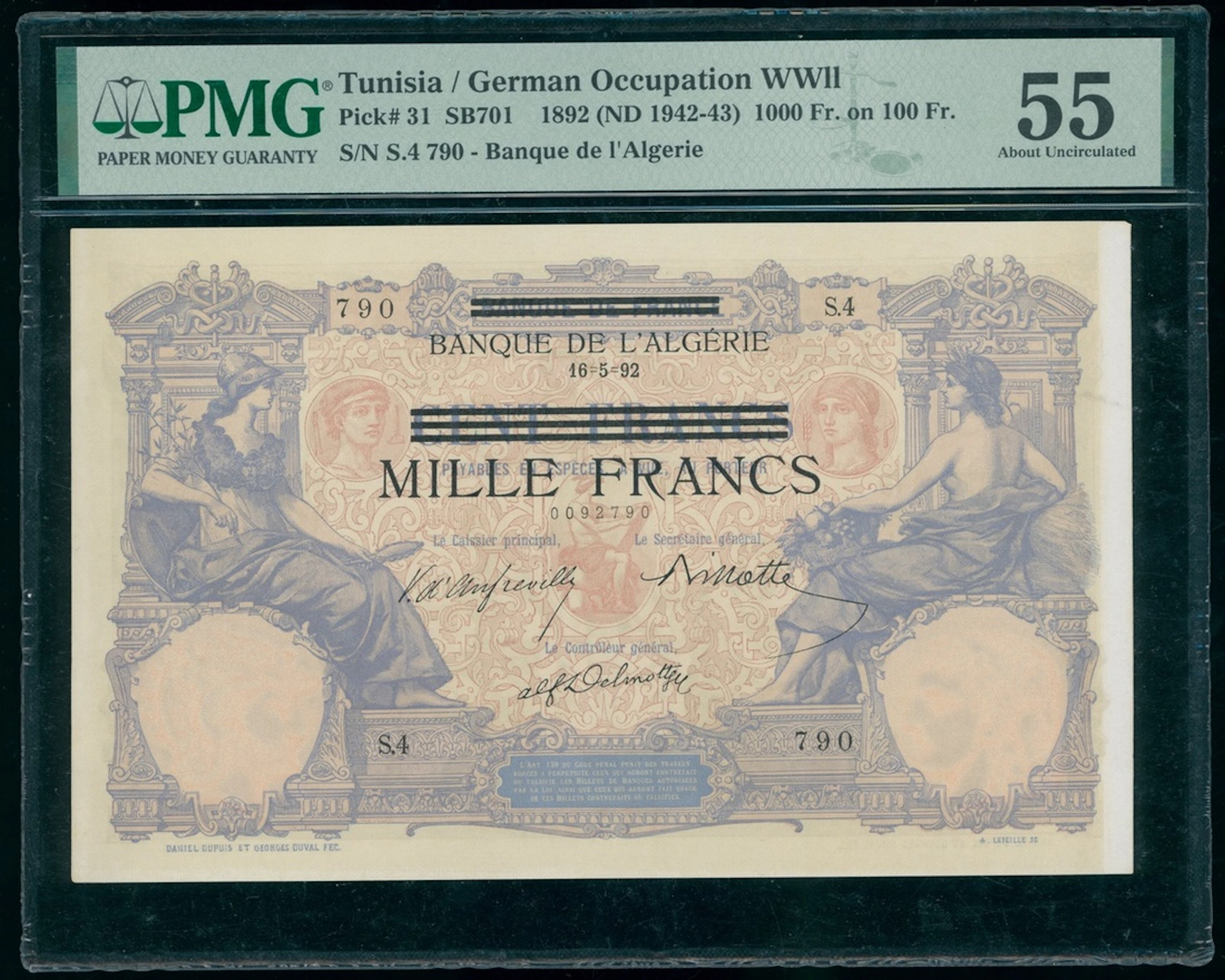 Banque de l'Algerie, Tunisia, German Occupation WWII, 1000 francs