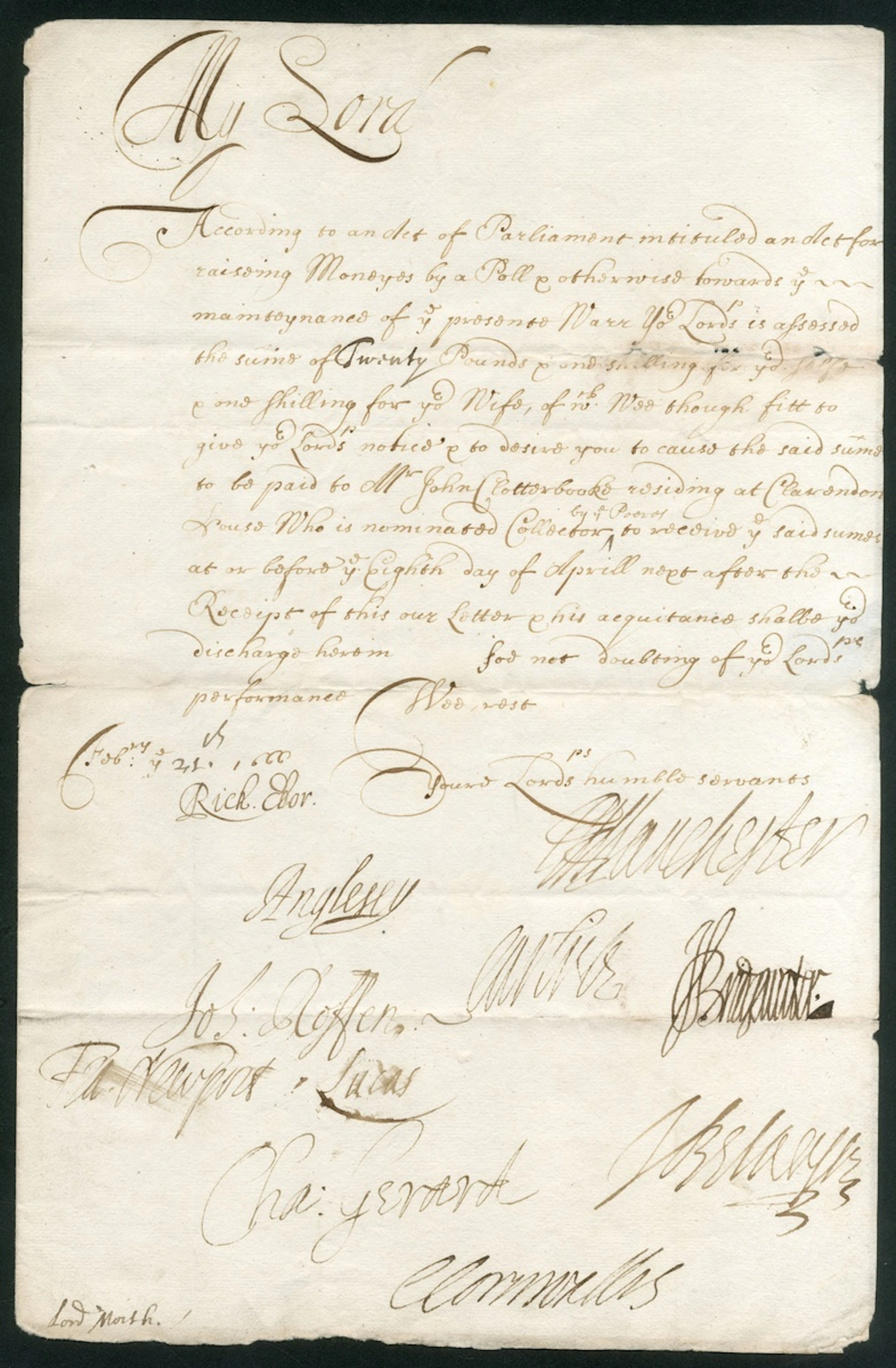 1666 Poll for the War with Holland 1666 (21 Feb.) document headed