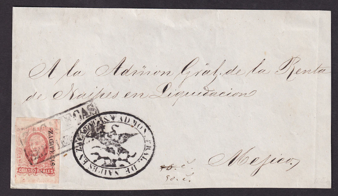 1856 "Hidalgos" Zacatecas. 4r. Red, jumbo and large margins all around