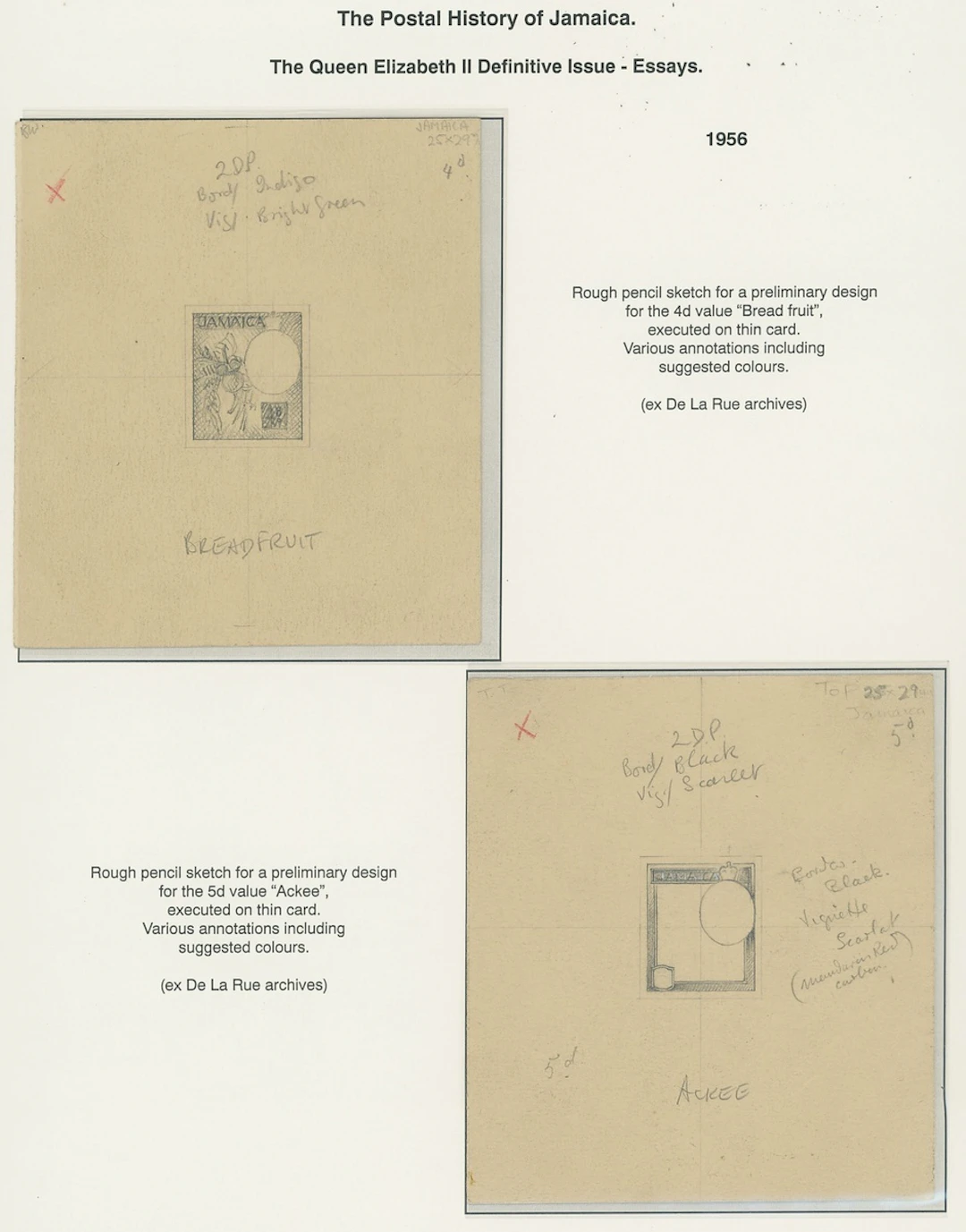 Jamaica 1956-58 Definitive Issue essays: 3d., 4d., 5d. and 1/- pencil