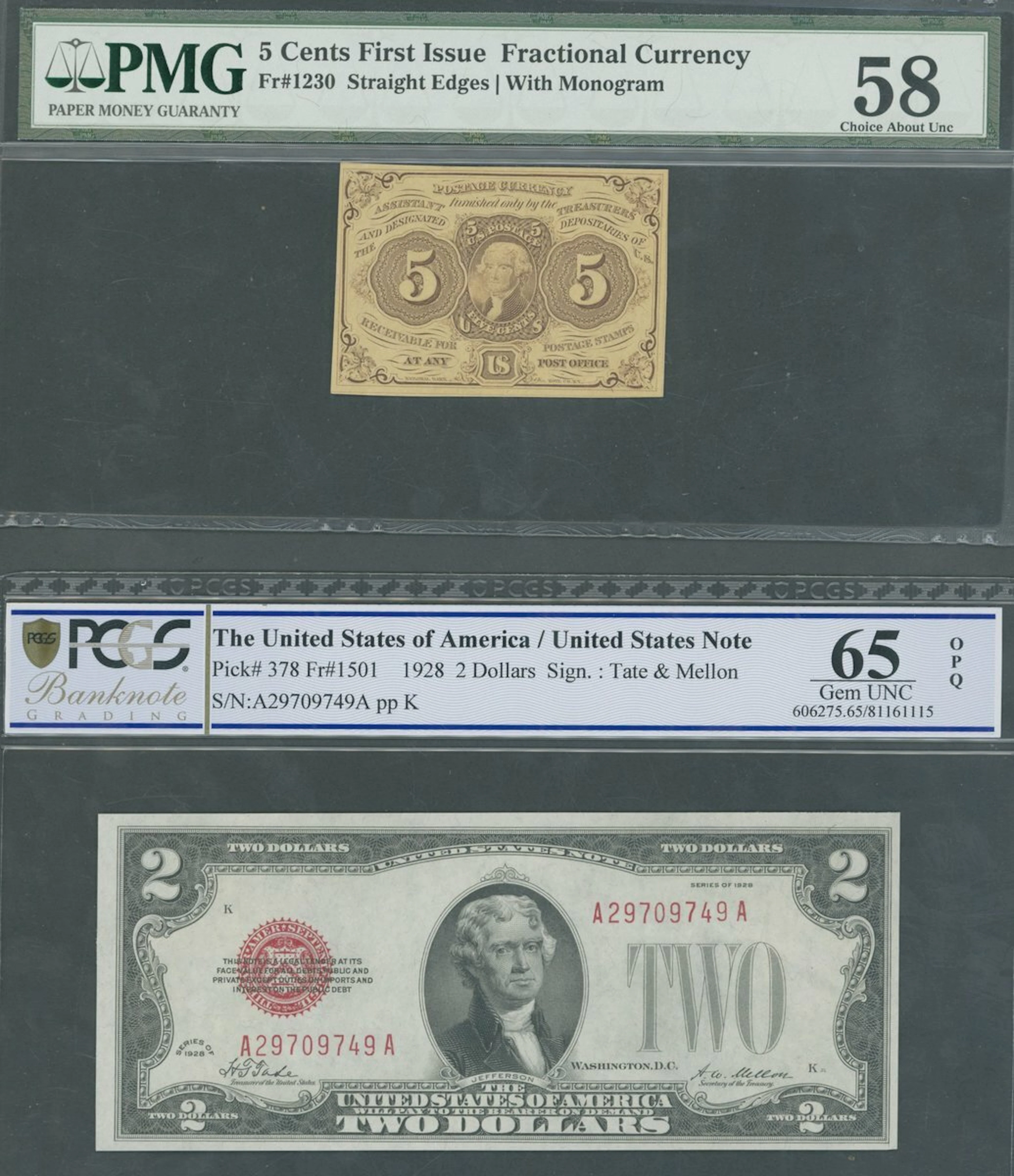 United States of America, [2 notes] 5 Cents, $2, ND and 1928, serial