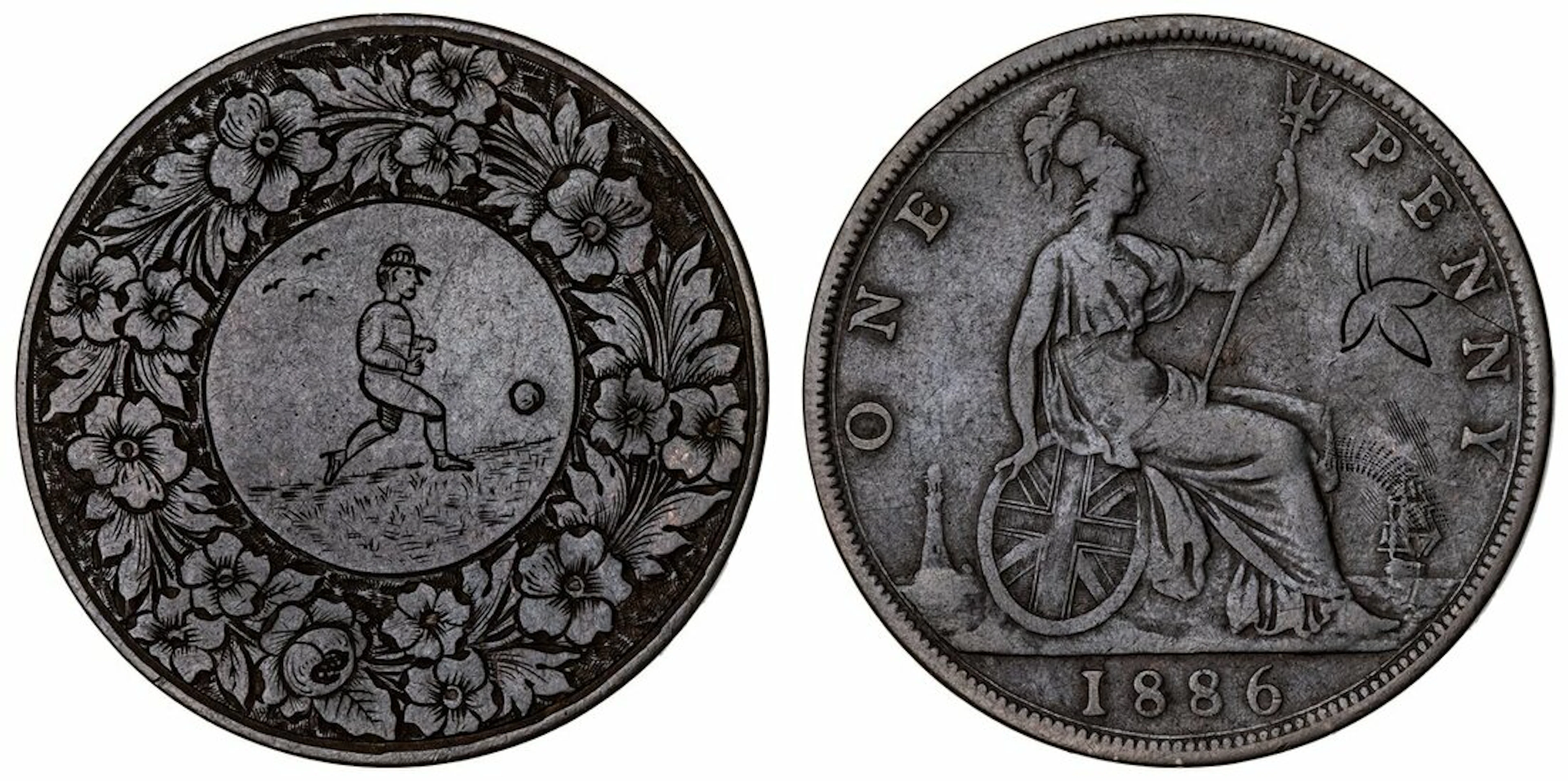 Victoria (1837-1901), Engraved Football Token on Penny, 1886, footballer
