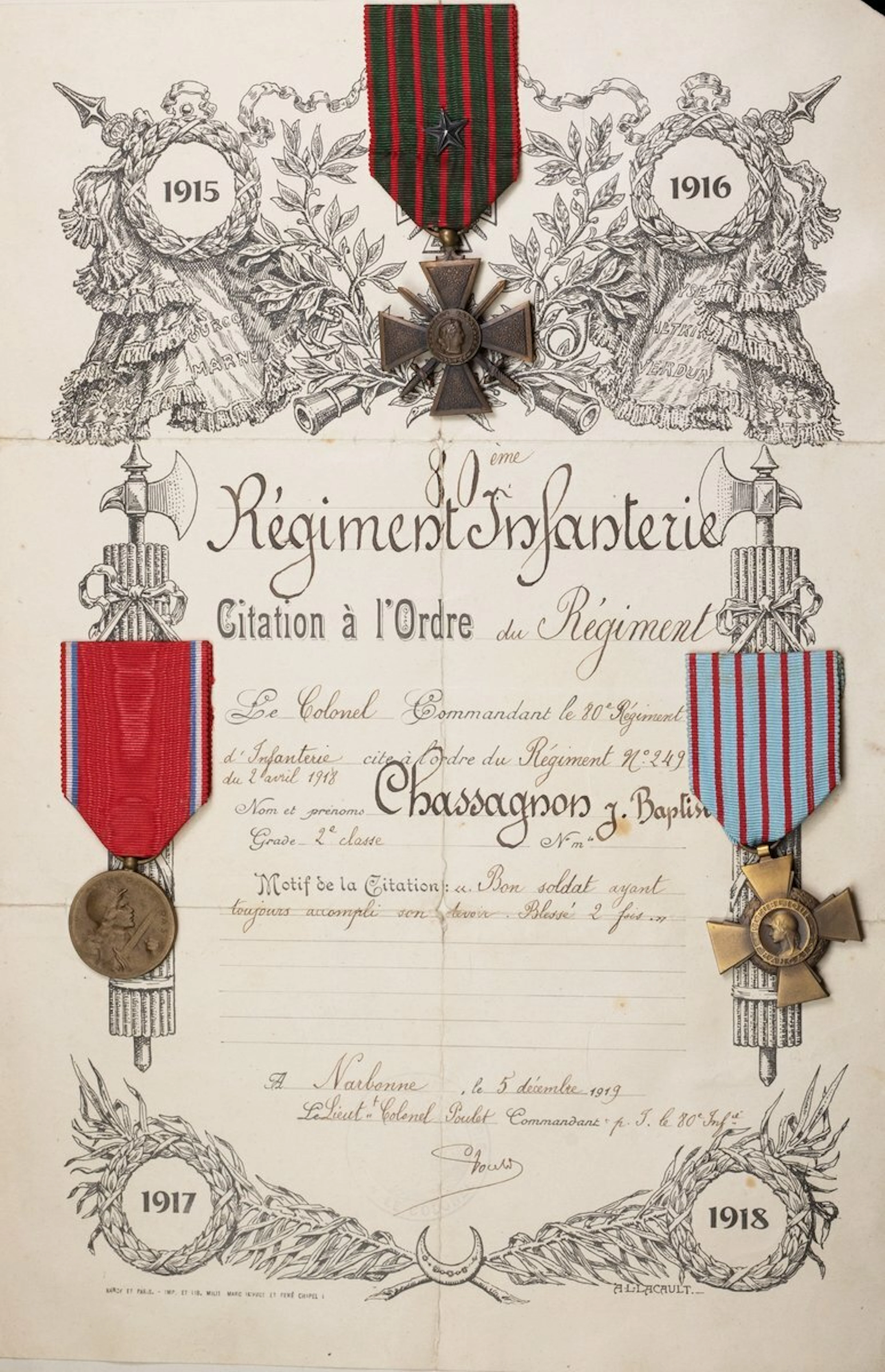 France: Three to Jean Baptiste Chassagnon, 80th Infantry Croix de