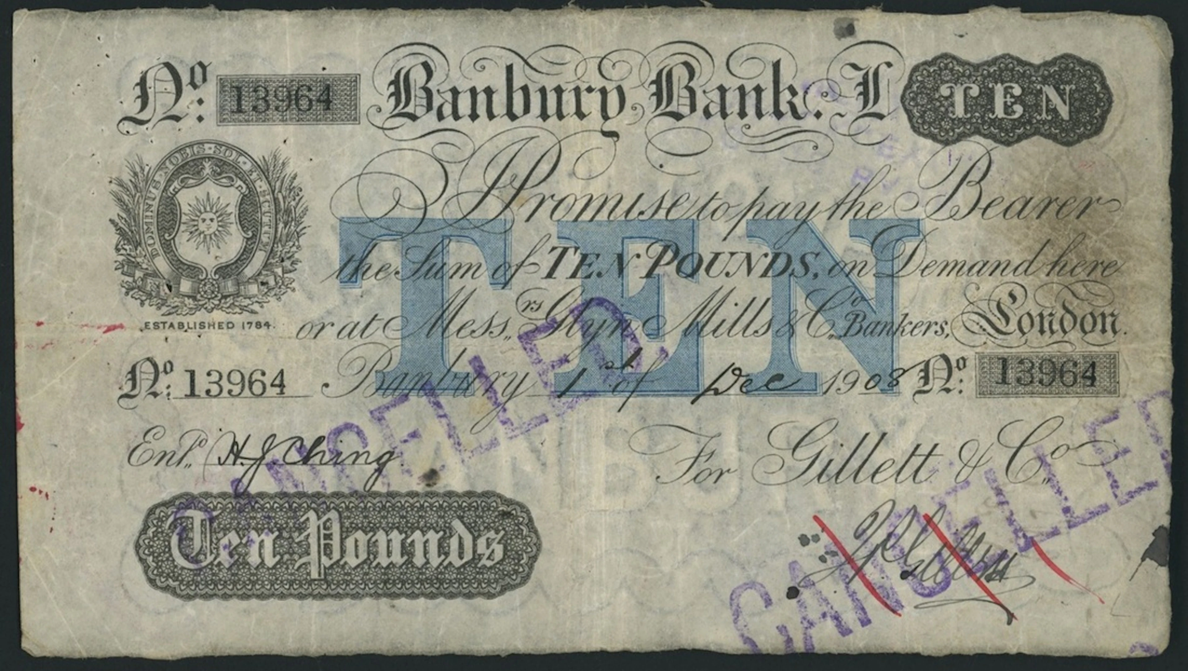 Banbury Bank, for Gillett & Co., £10, 1st December 1908, serial number