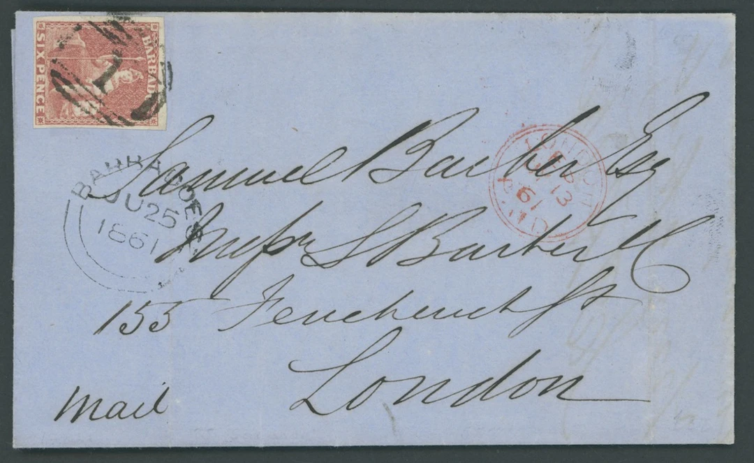 Barbados Britannia Issues Covers 1861 (25 June) entire to London