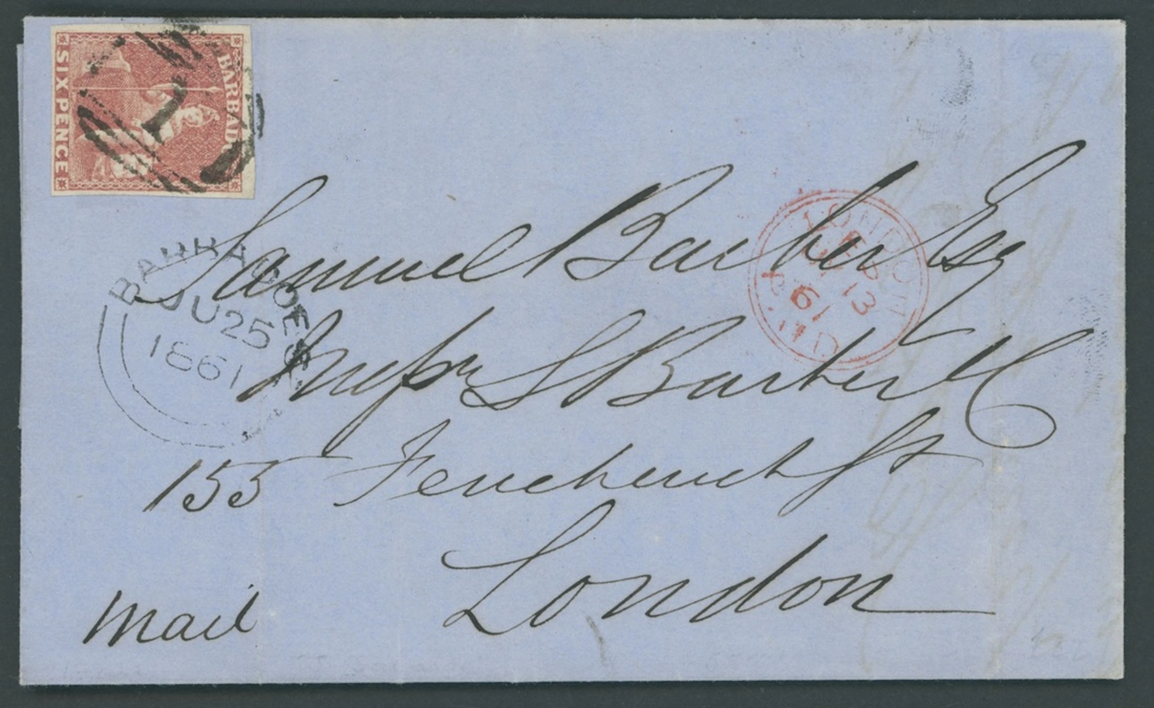 Barbados Britannia Issues Covers 1861 (25 June) entire to London