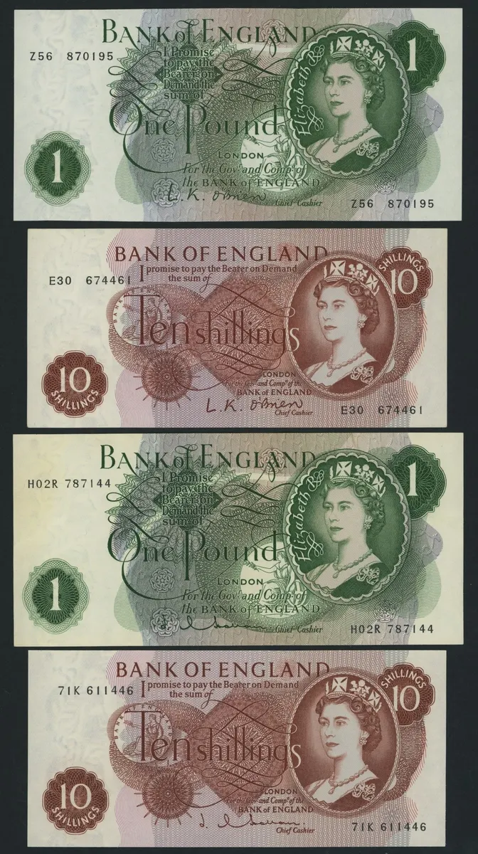 Bank of England, [12 notes], £1, 10 Shillings, £5, £10, ND (1960-1971 ...