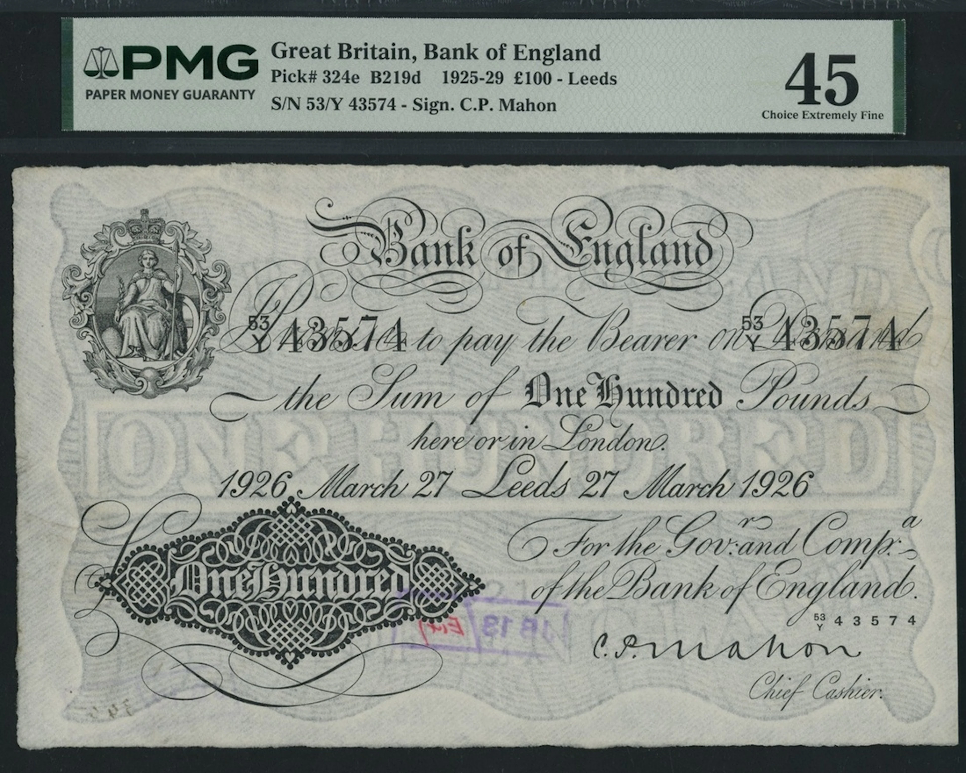 Bank of England, C. P. Mahon, £100, Leeds, 27th March 1926, serial