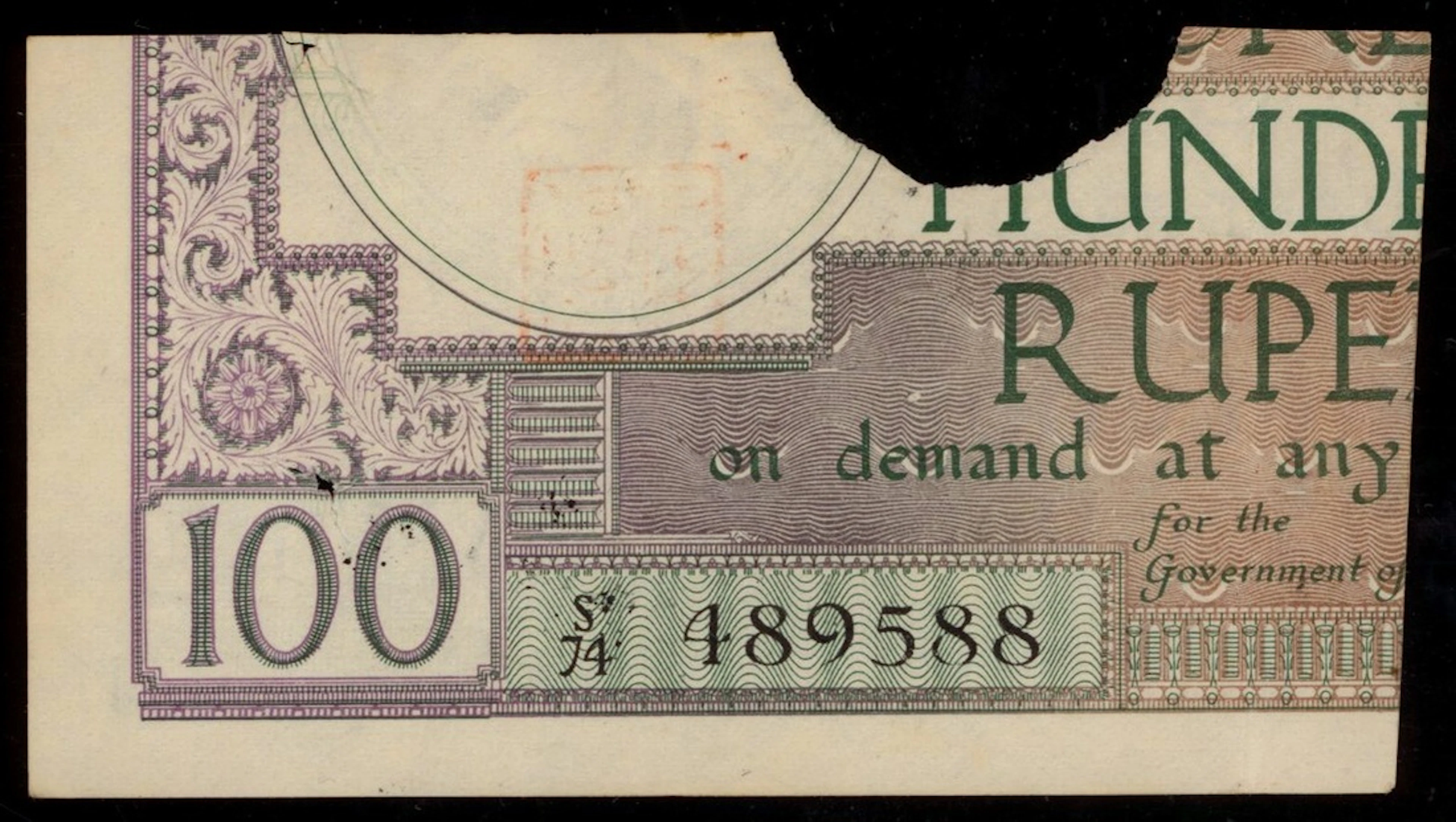 Burma, Government of India, part of a 100 rupees, ND (1927), Rangoon
