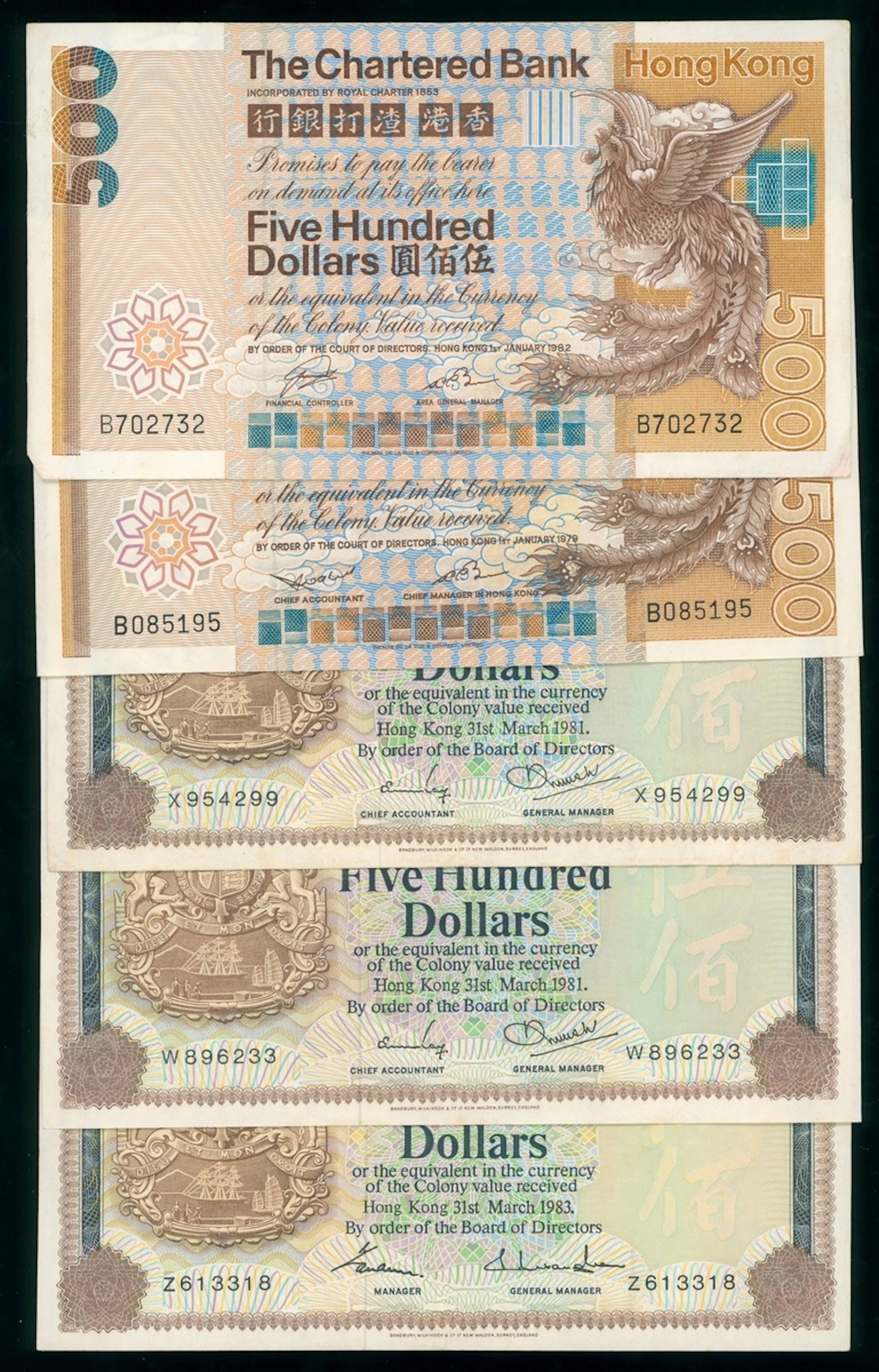 Hong Kong Banknotes, $500 (5), including Chartered Bank 1972 and 1982