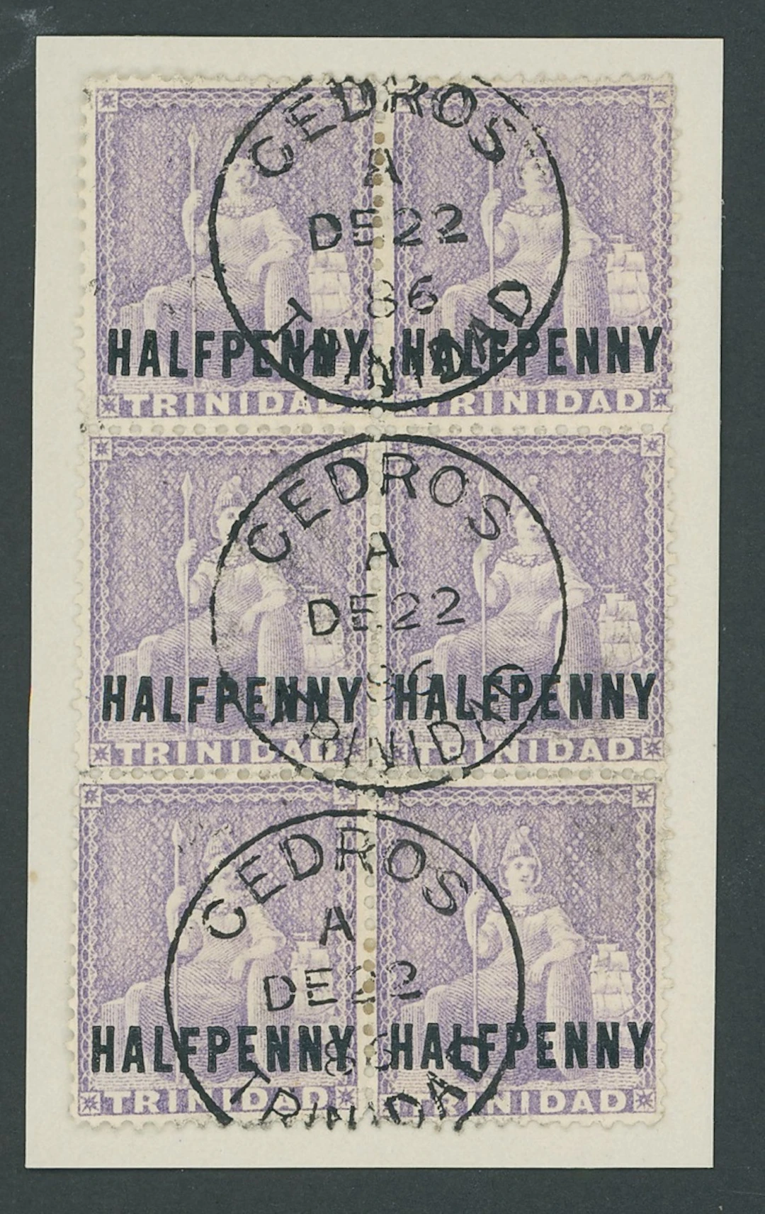 Trinidad 1879-82 CC ½d. lilac block of six (2x3), each horizontal