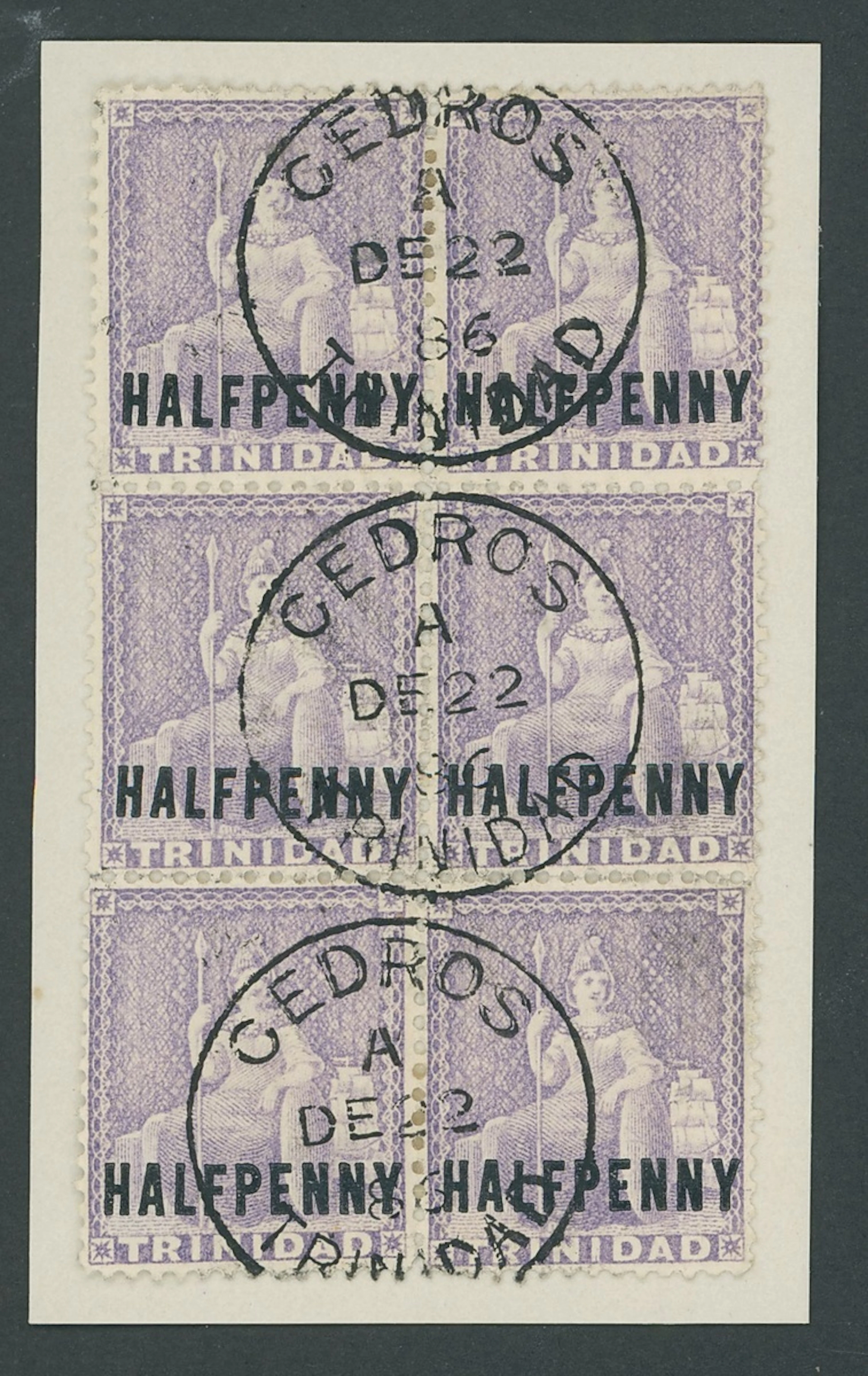 Trinidad 1879-82 CC ½d. lilac block of six (2x3), each horizontal