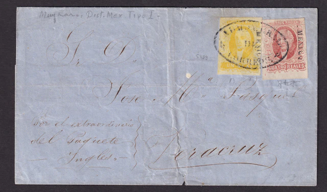 1856 "Hidalgos" Mexico District. 1r. yellow and 4r. red on cover to