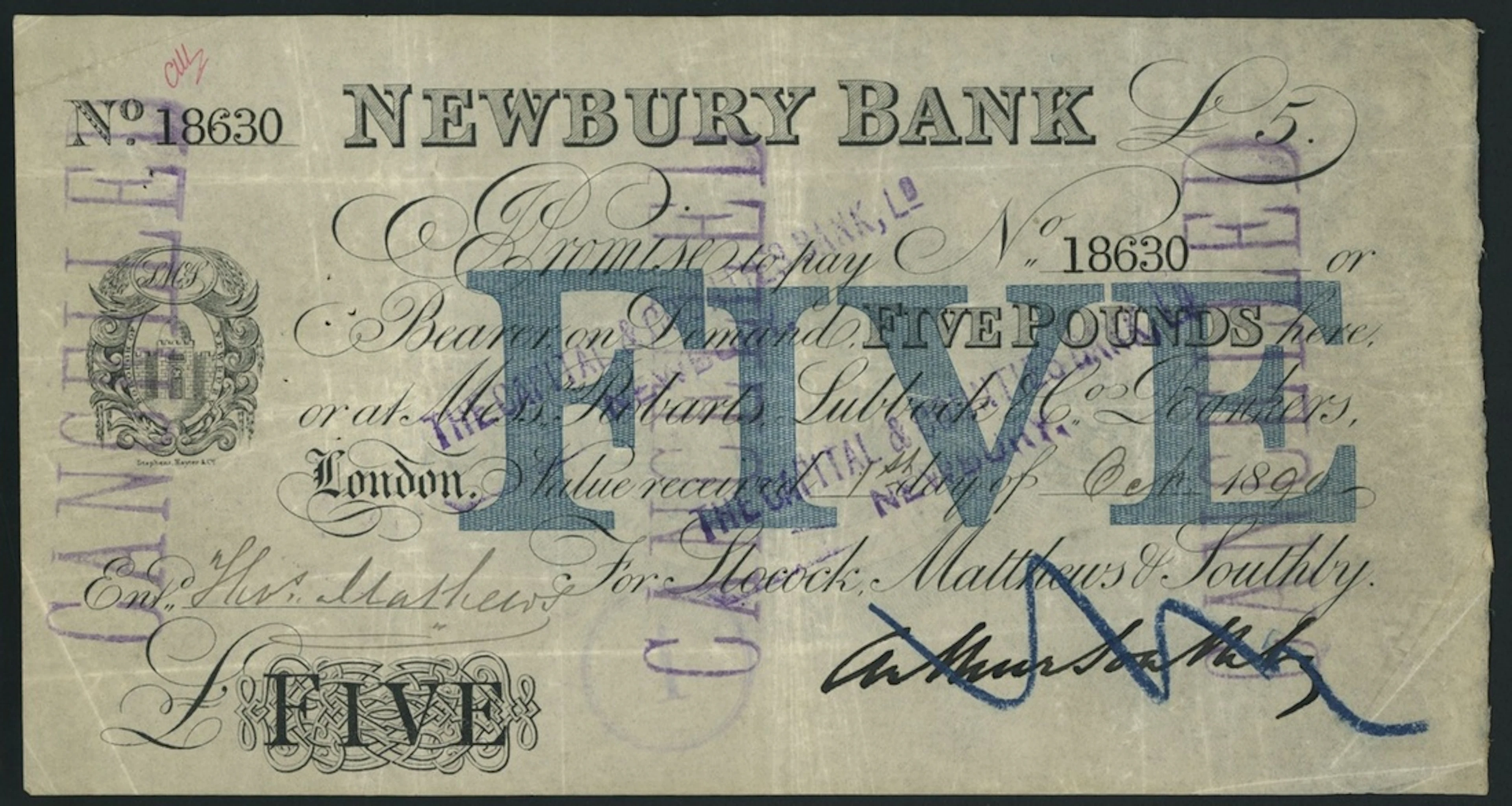 Newbury Bank, for Slocock, Matthews & Southby, £5, 1st October 1890