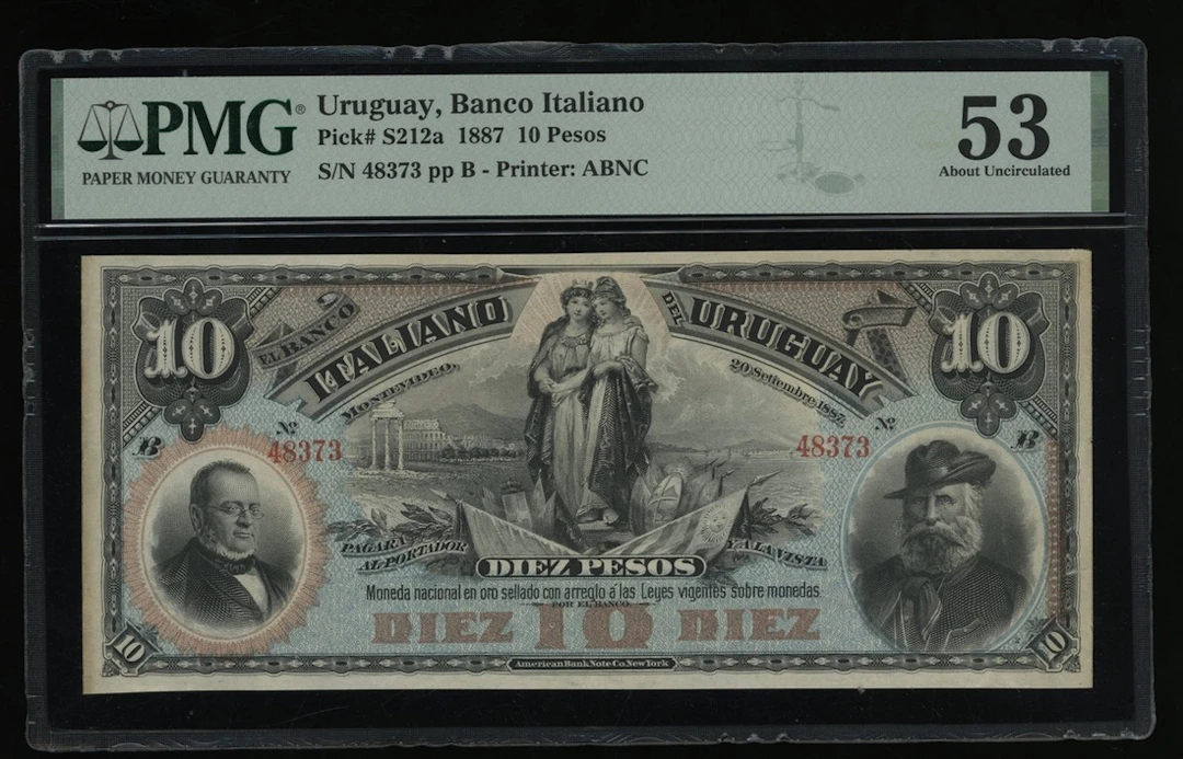 Banco Italiano del Uruguay, 10 pesos, 1887, serial number 48373, (Pick S212a)