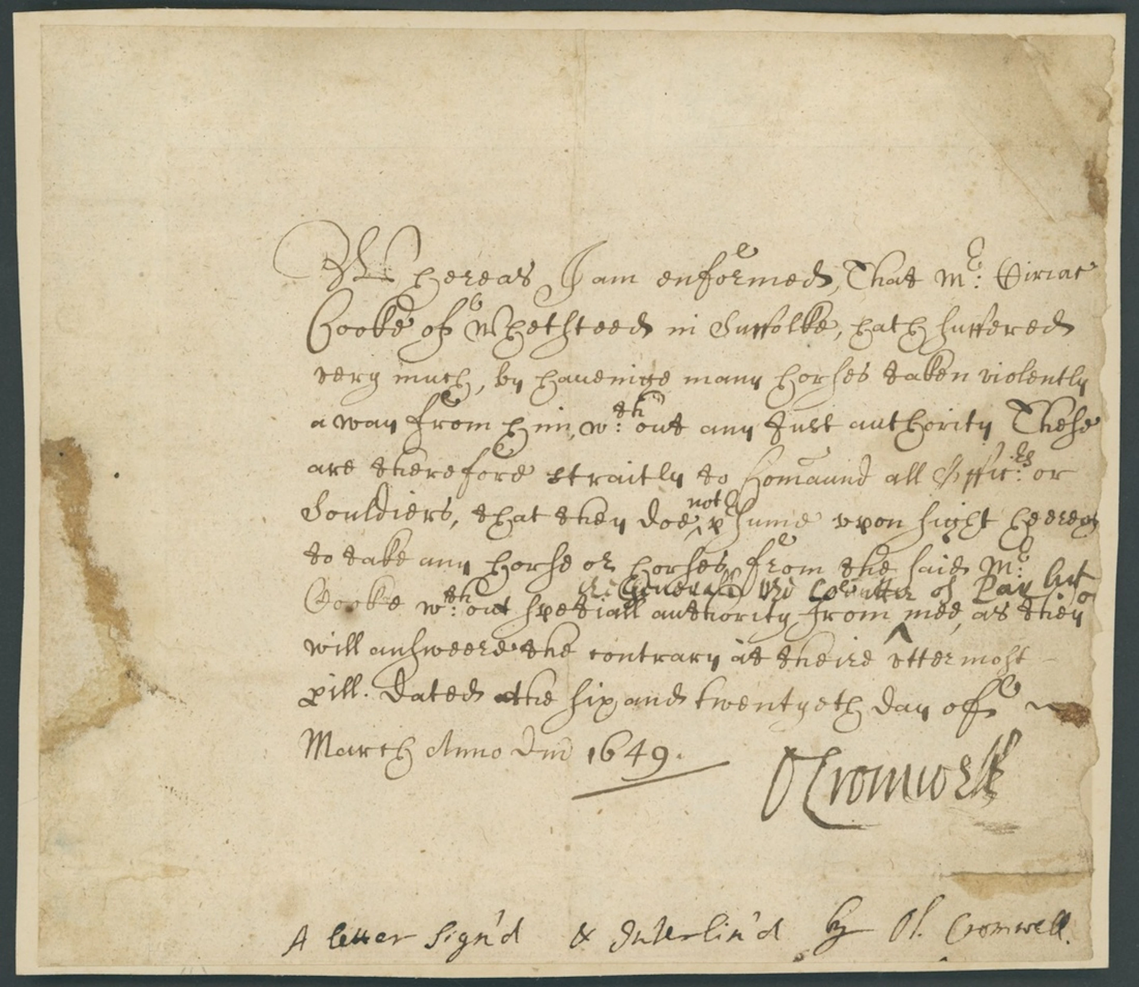 Oliver Cromwell 1649 (26 March) letter signed "O Cromwell" with autograph