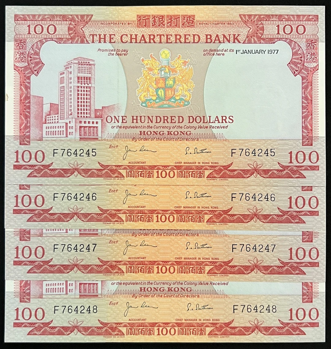 Chartered Bank, Hong Kong, consecutive $100 (4), 1.1.1977, serial