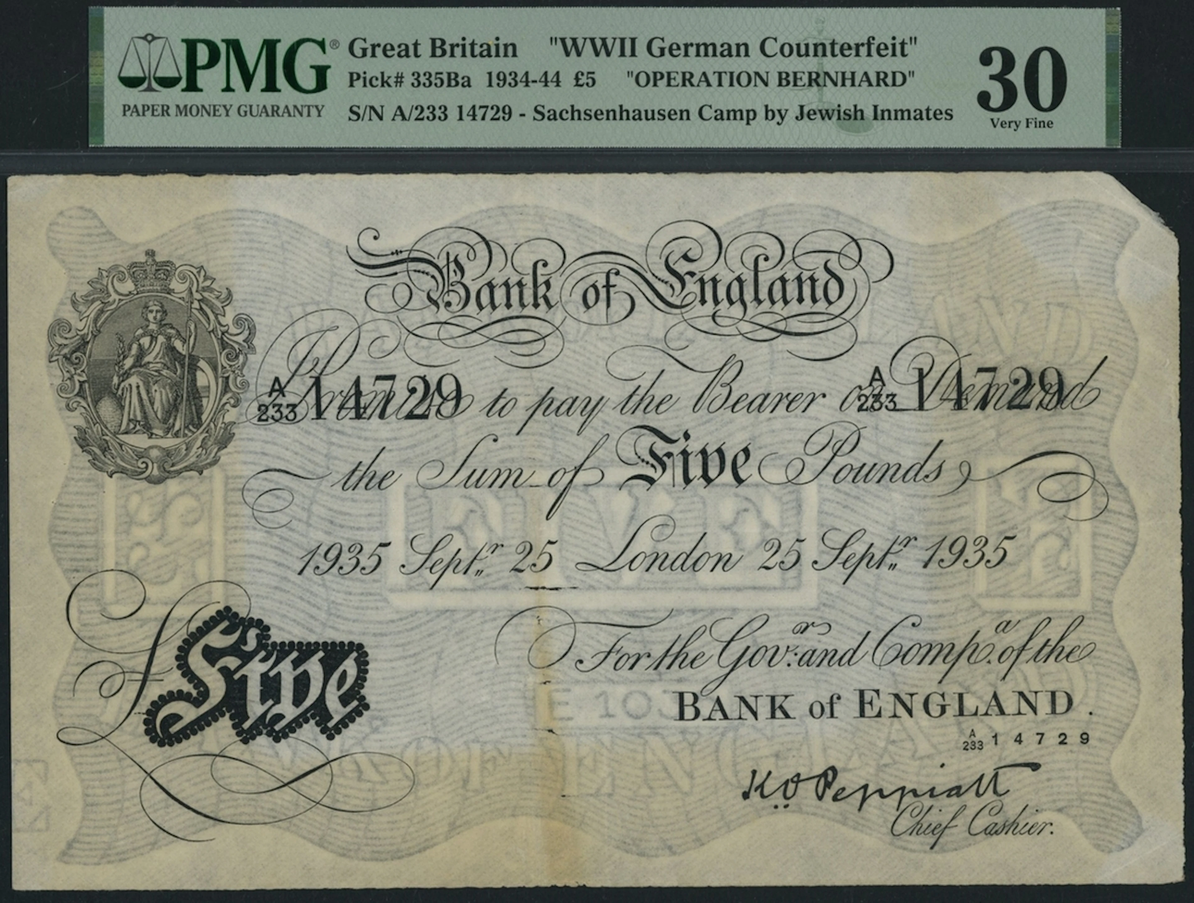 Operation Bernhard, K. O. Peppiatt, £5, London, 25th September 1935