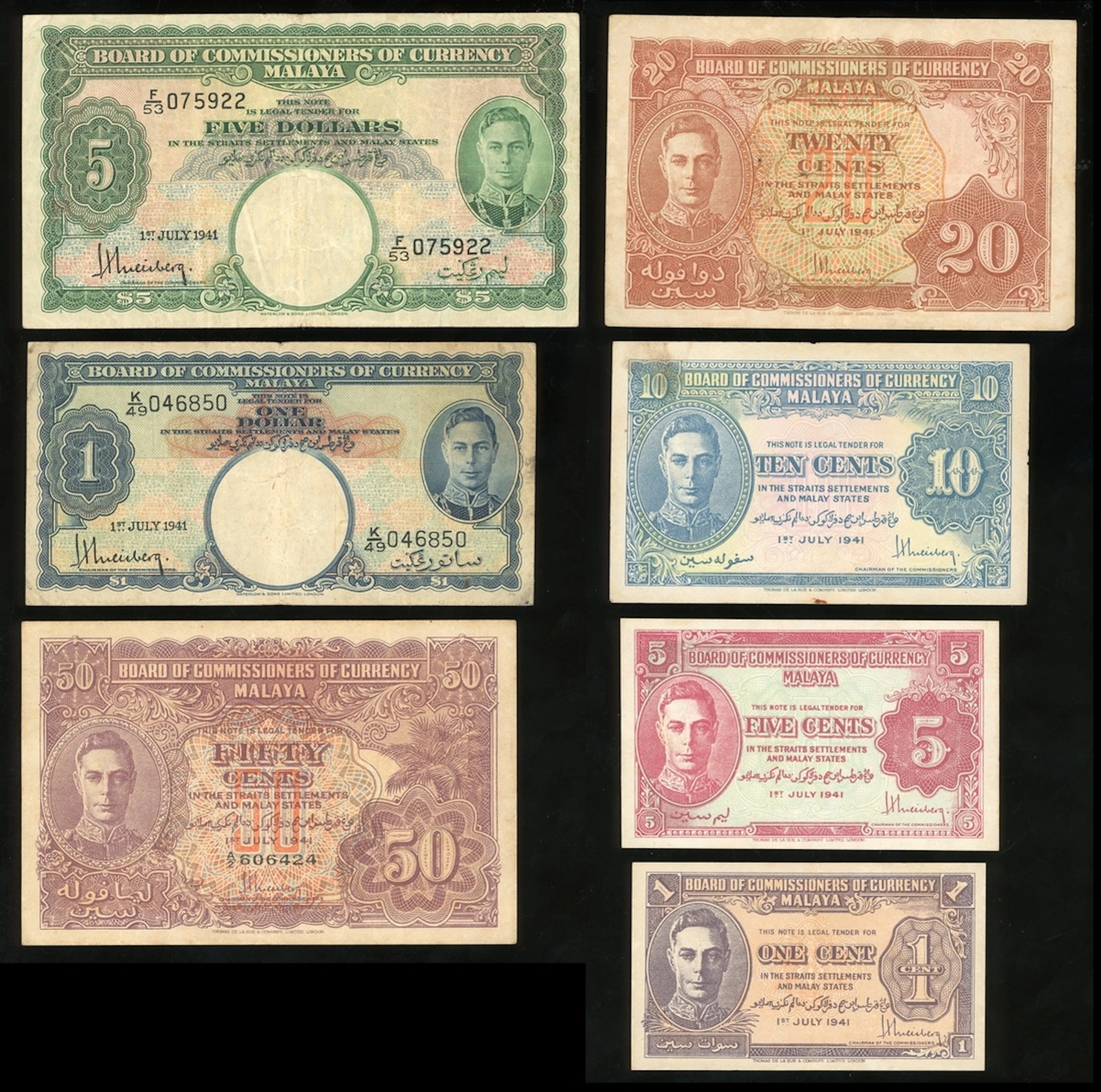 Board of Commissioners of Currency, Malaya, a group of 7x, 1941, including
