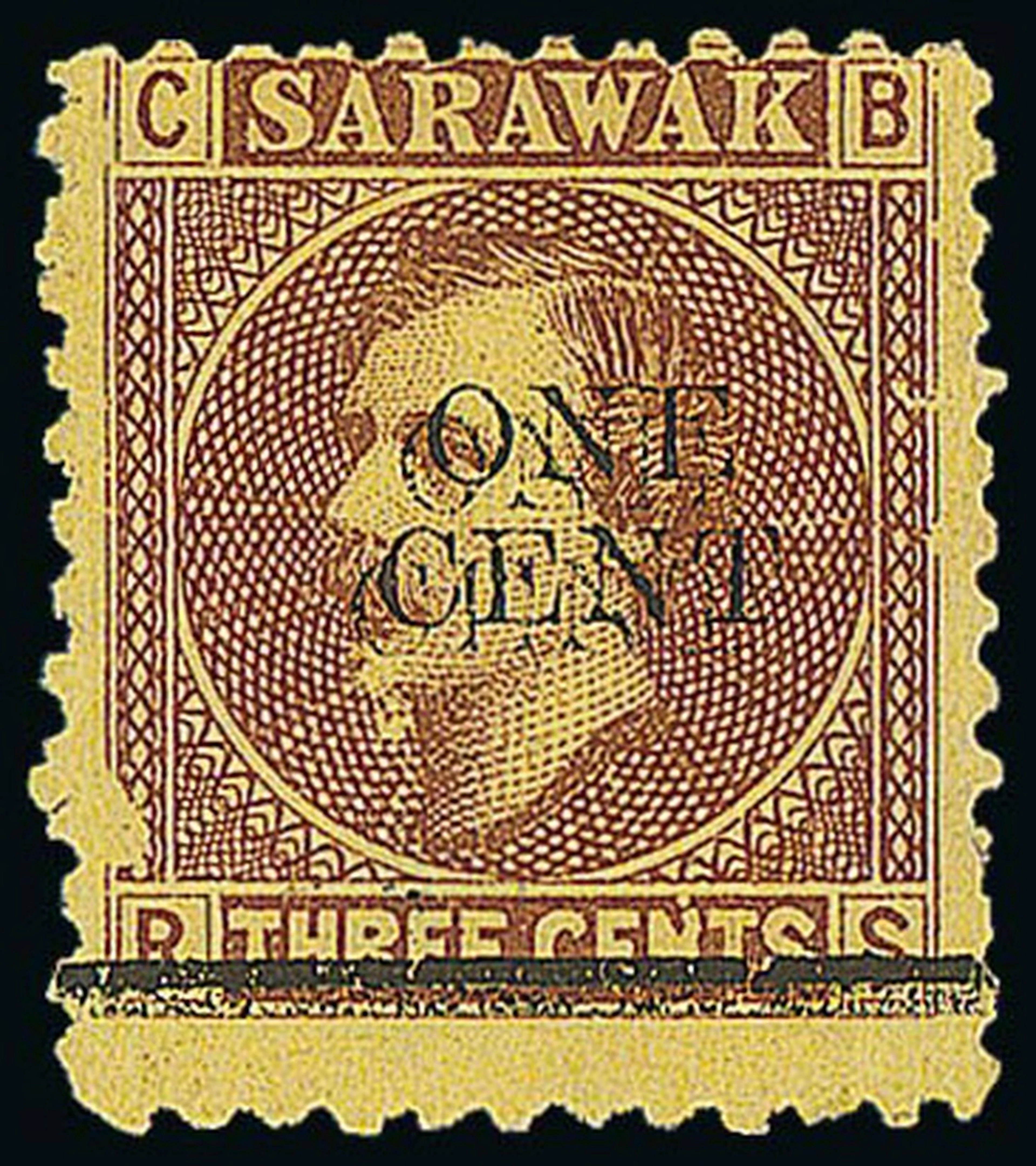 Sarawak 1892 (23 May) 1c. on 3c. Provisional "one/cent" on 3c. brown