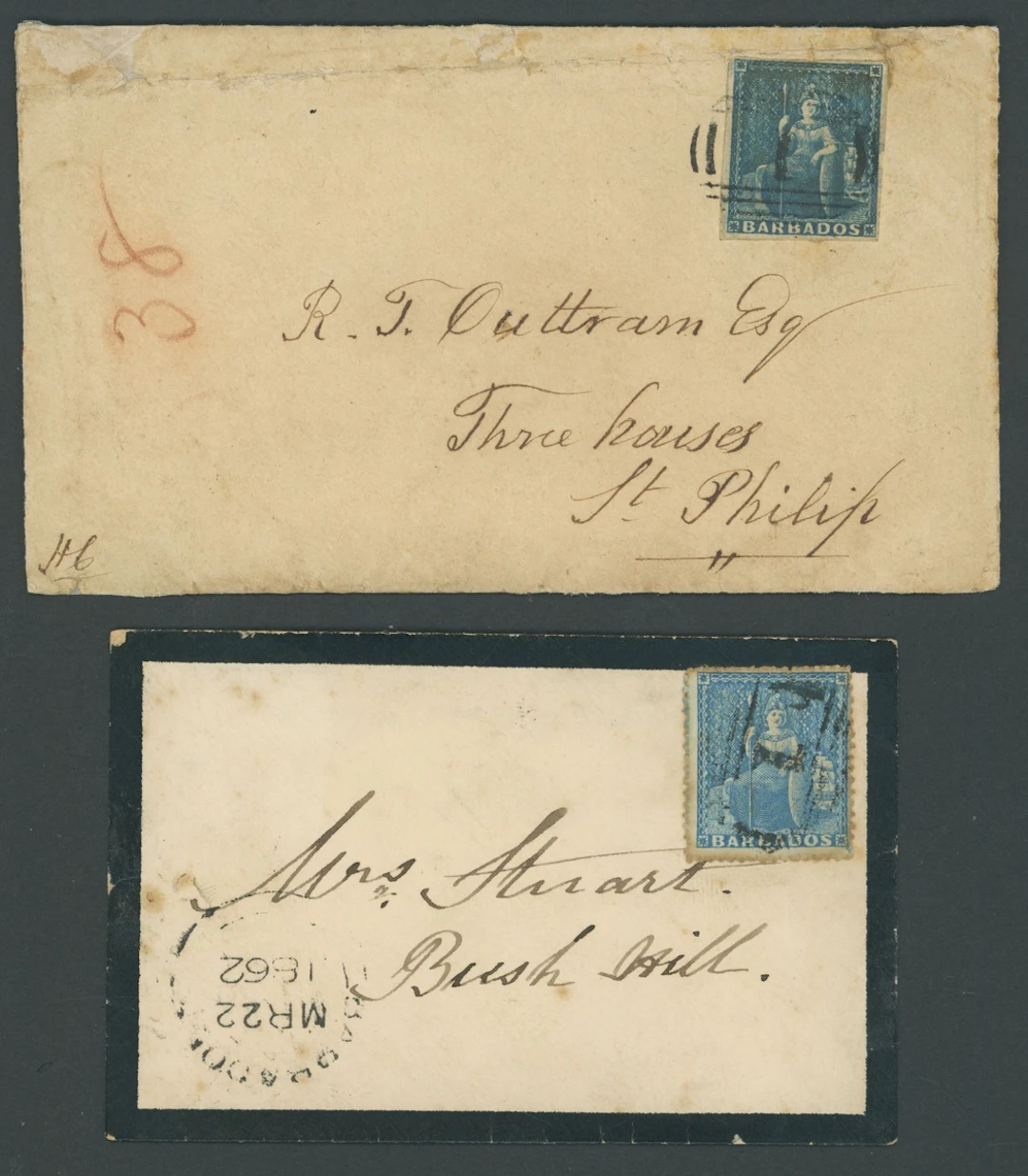 Barbados Britannia Issues Covers 1858 (25 Jan.) envelope (faults)