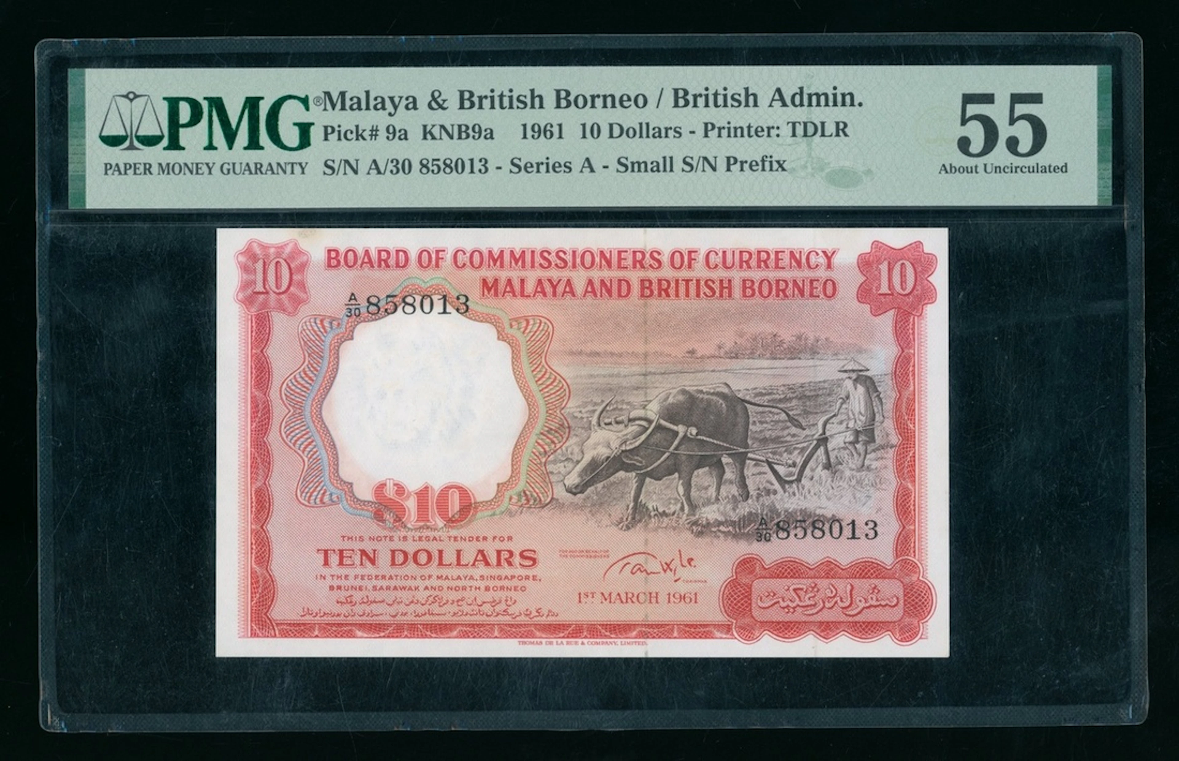 Malaya & British Borneo, $10, 1961, serial number A/30 858013, (Pick 9a)