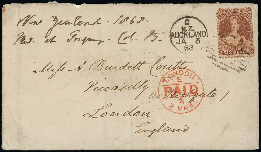 Sarawak Coutts Correspondence 1868 (3 Jan.) envelope from New Zealand