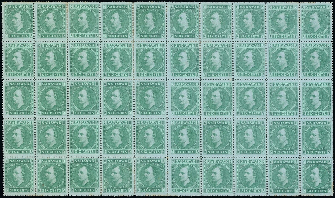 Sarawak 1875 Sir Charles Brooke Issued Stamps 6c. Pane 1 block of
