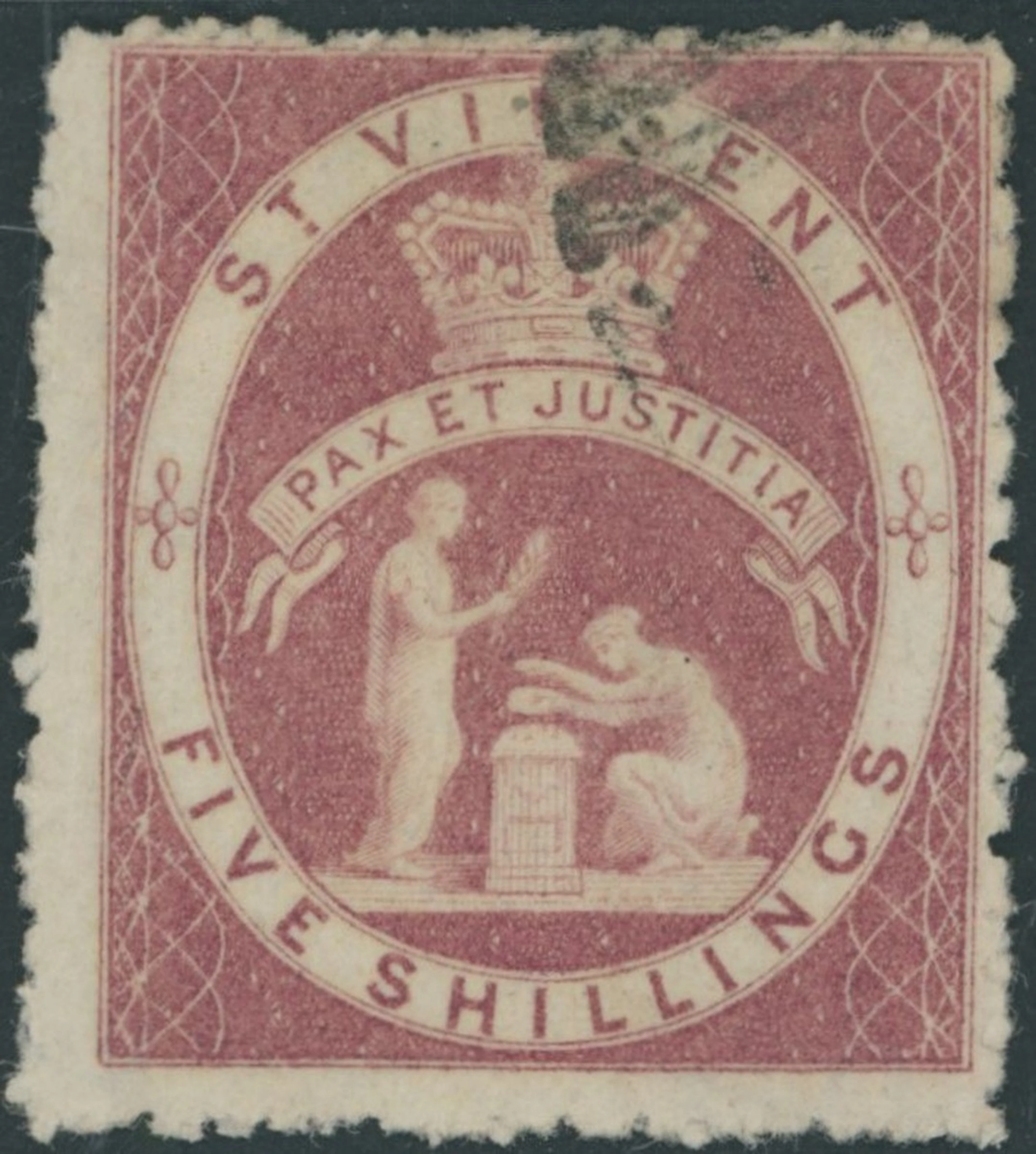 St. Vincent 1880 (June) 5/- rose-red, cancelled by small part "A10"