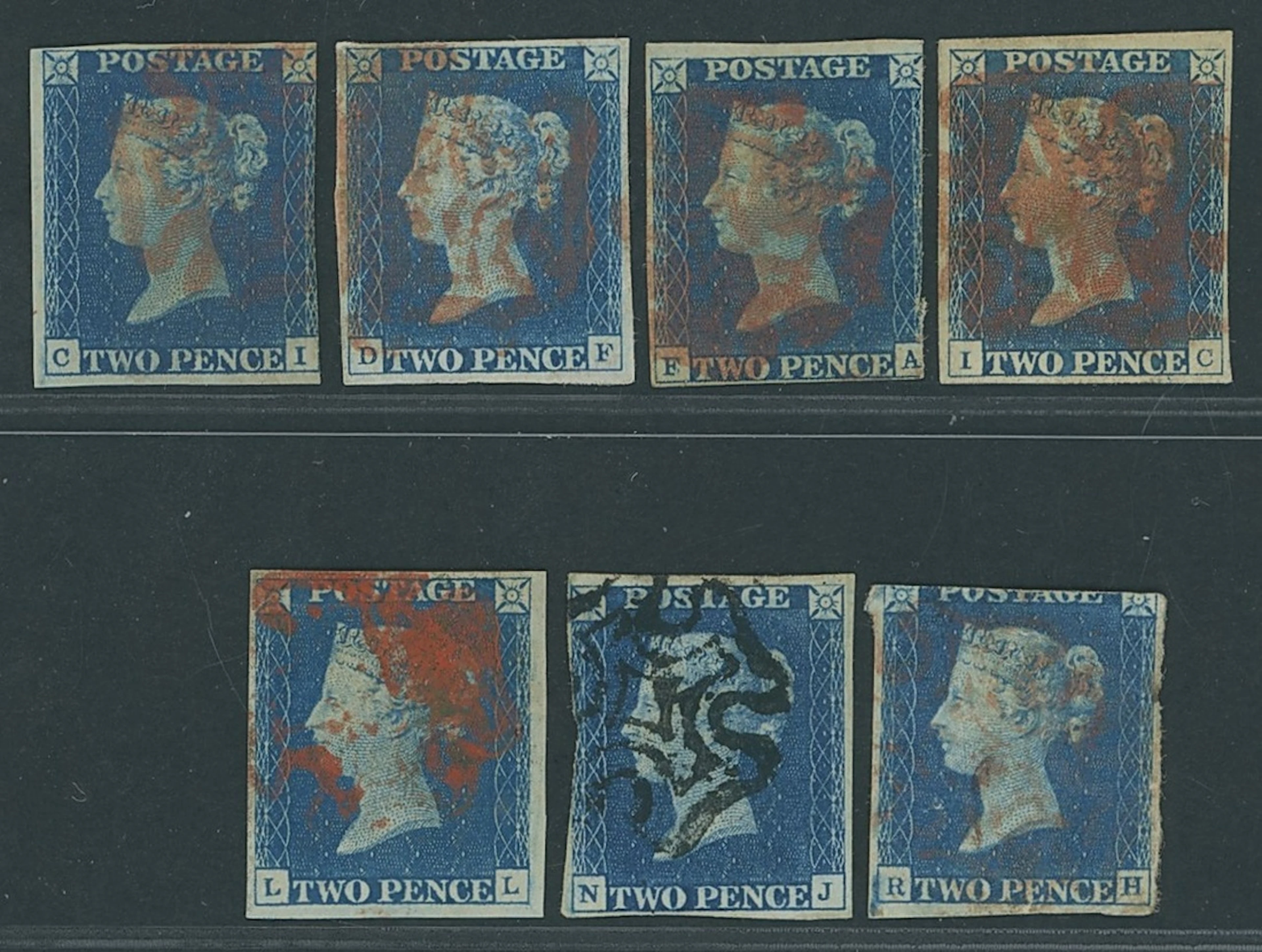 Great Britain 1840 Two Pence Blue Plate 2 CI, DF, FA, IC, LL, NJ and