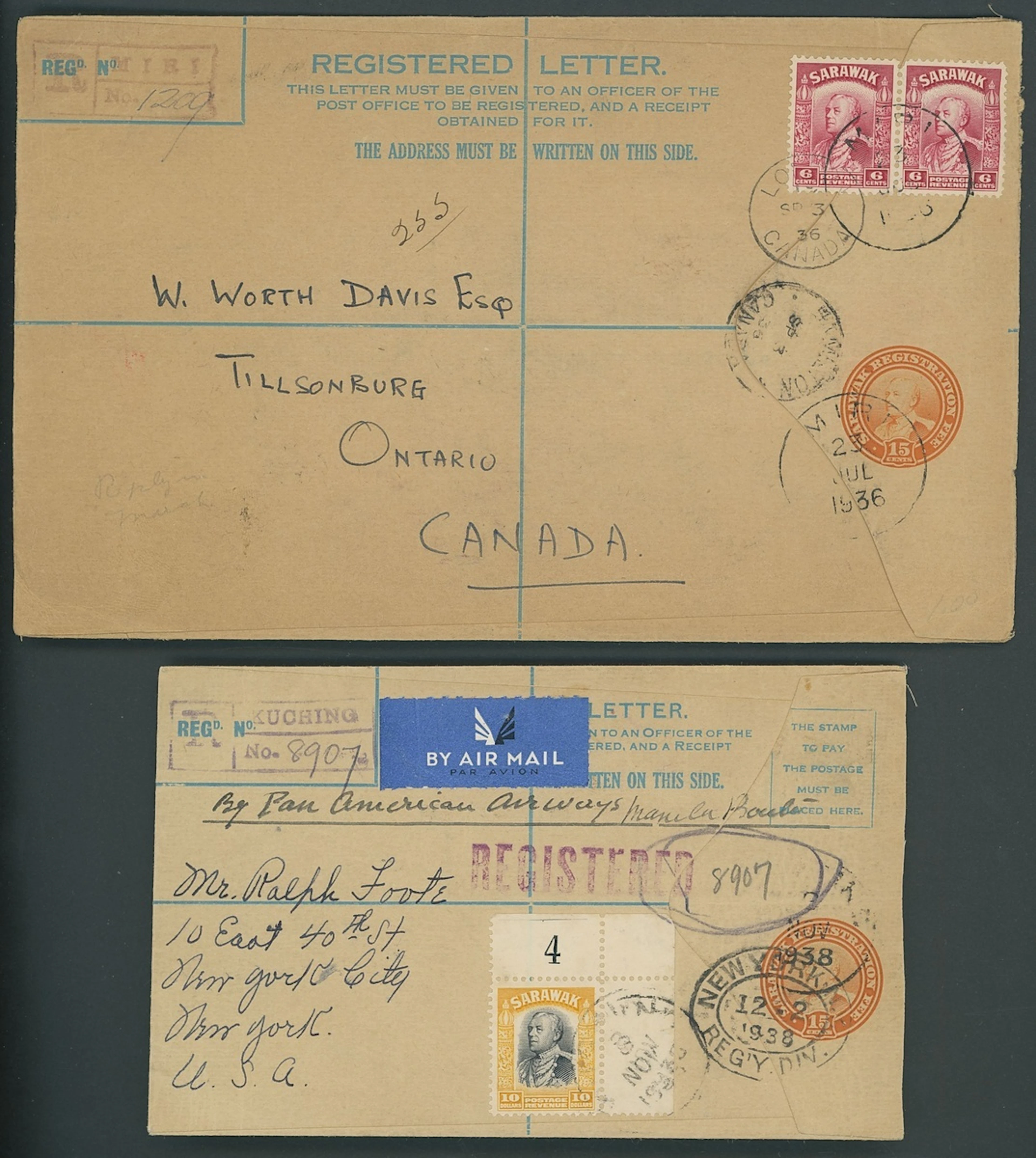 Sarawak Postal Stationery Registered Envelopes 1934 15c. 1936 (23