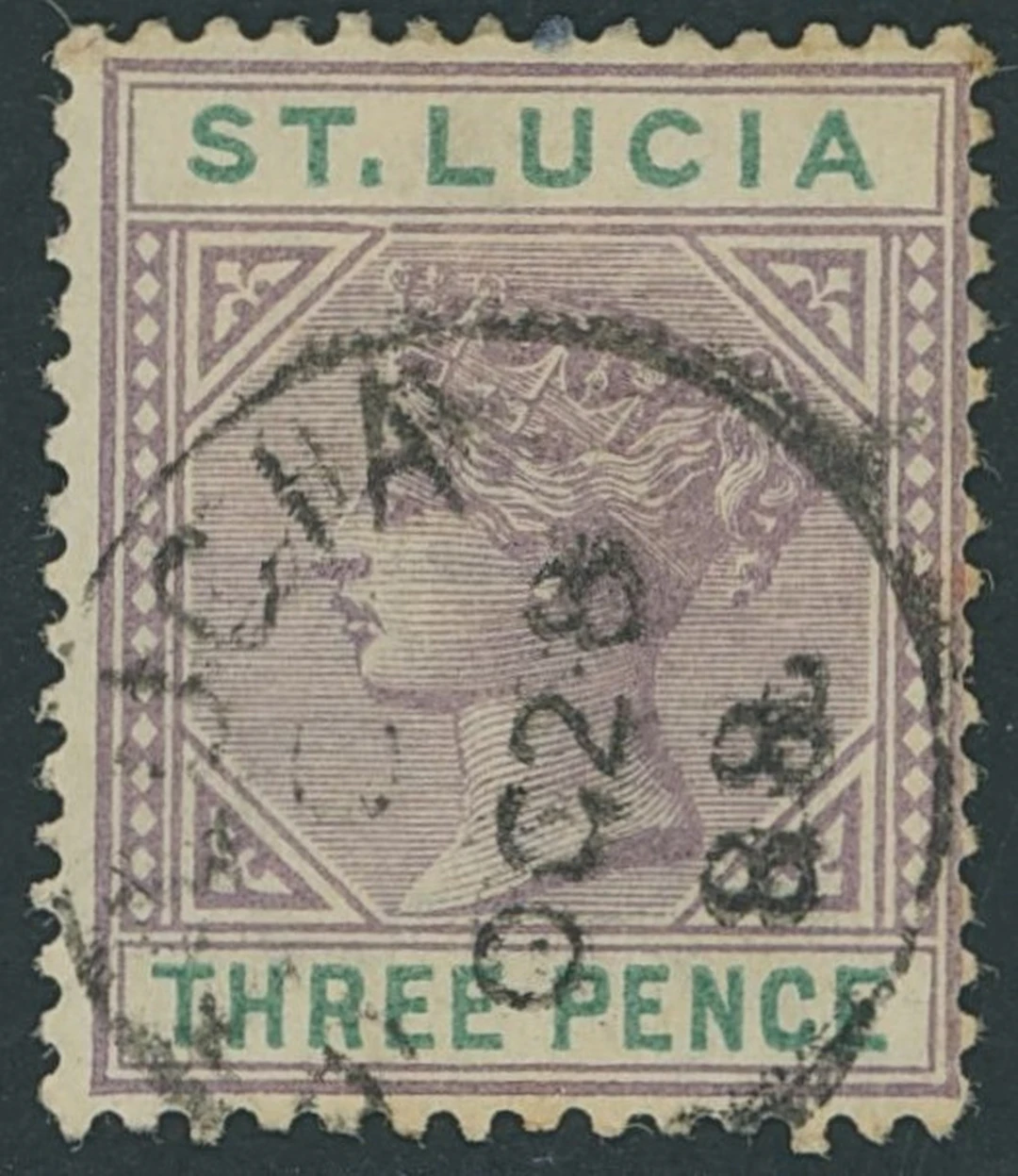 St. Lucia 1886-87 CA, Die I 3d. dull mauve and green with top left