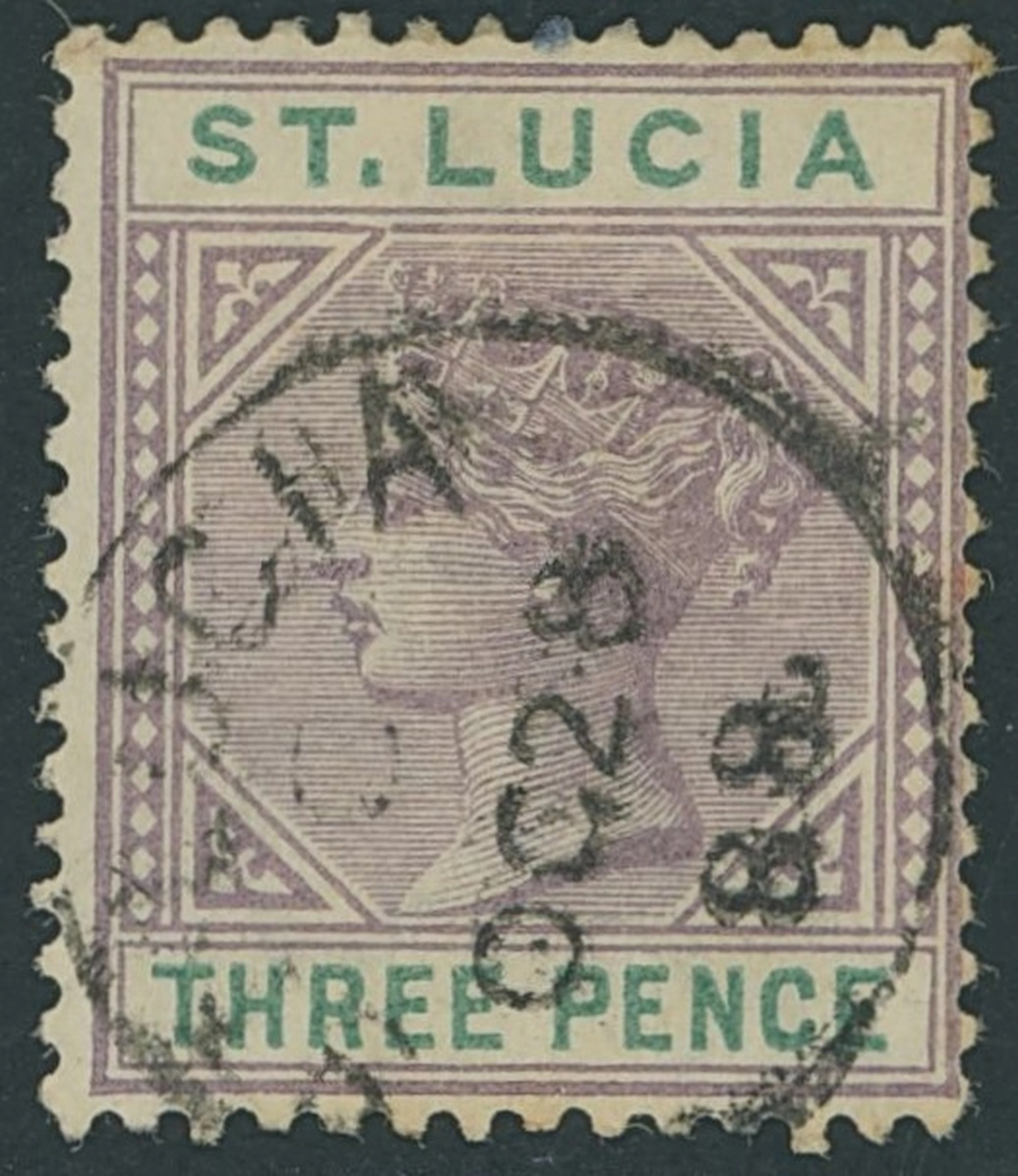 St. Lucia 1886-87 CA, Die I 3d. dull mauve and green with top left