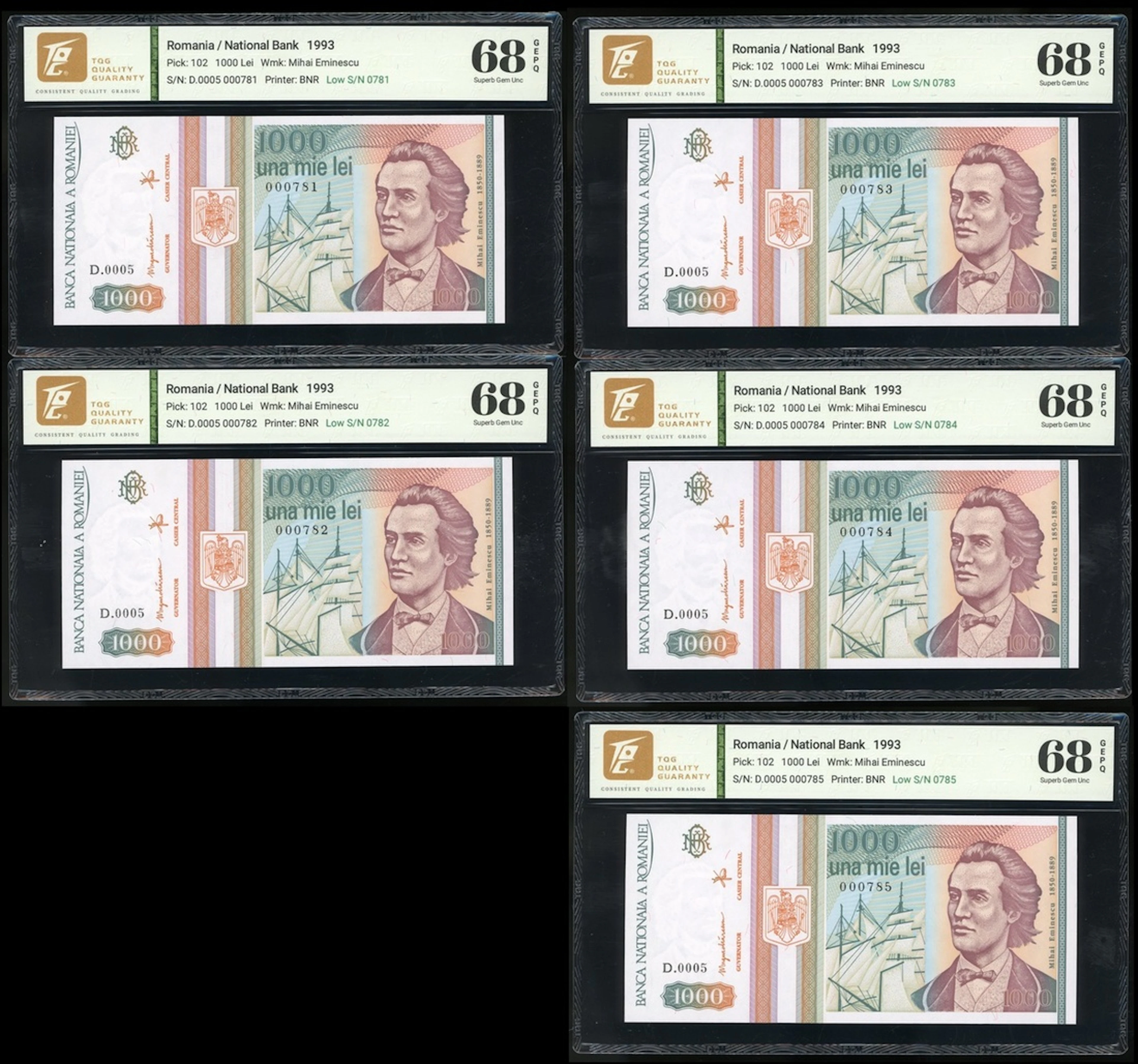 Banca Nationala, Romania, consecutive 1000 lei (5), 1993, low serial