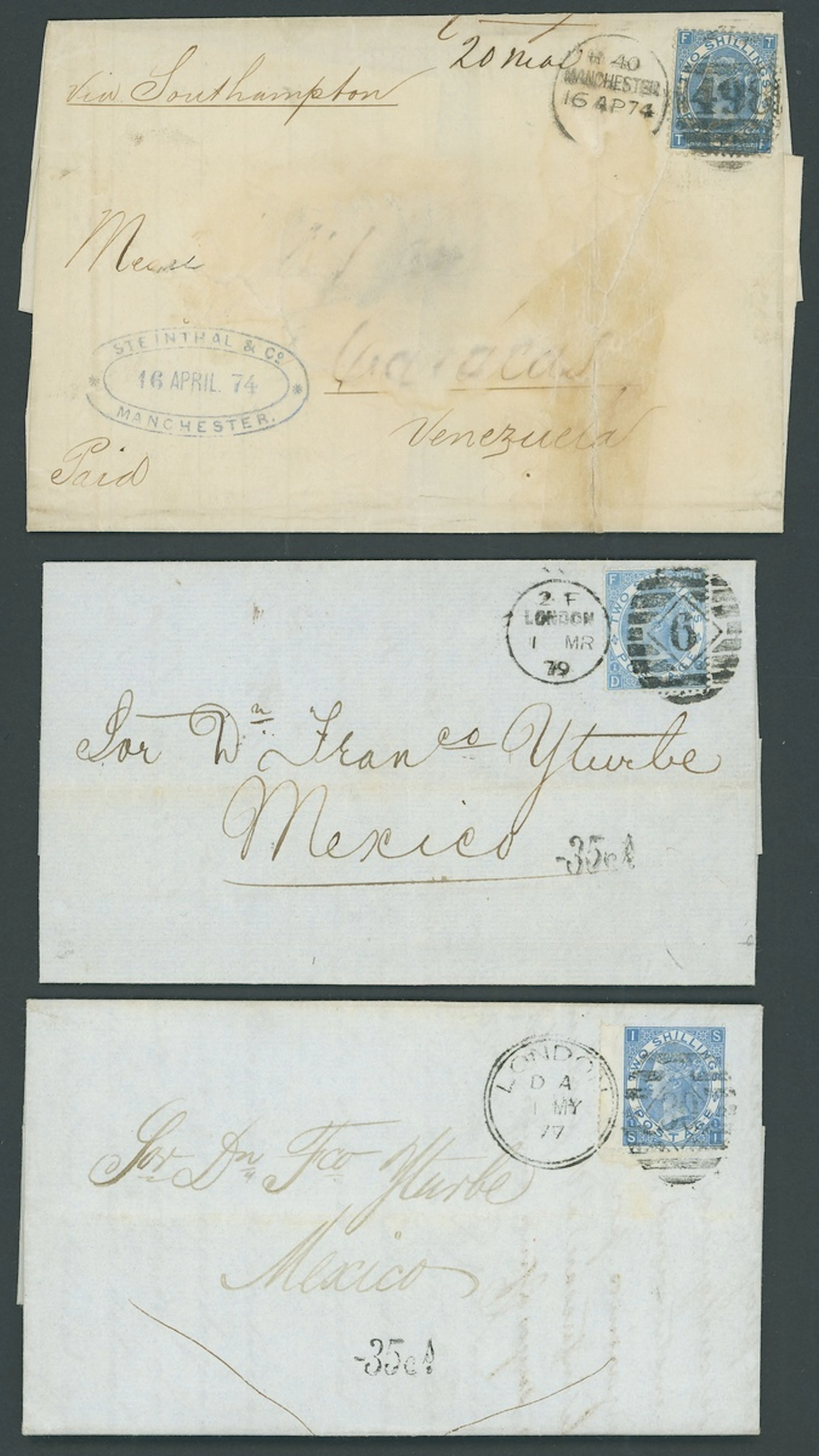 Great Britain 1867-80 2/- dull blue and pale blue single franking
