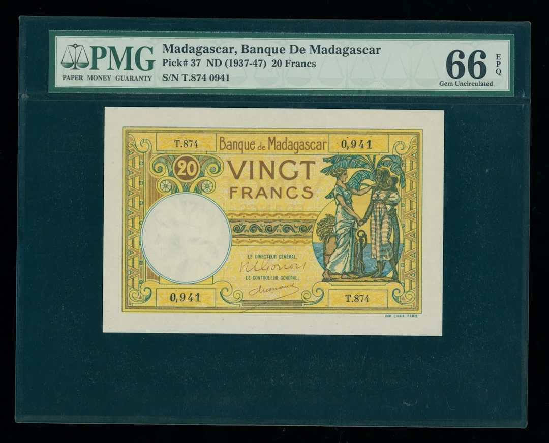 Banque de Madagascar, 20 francs, ND (1937-47), serial number T.874
