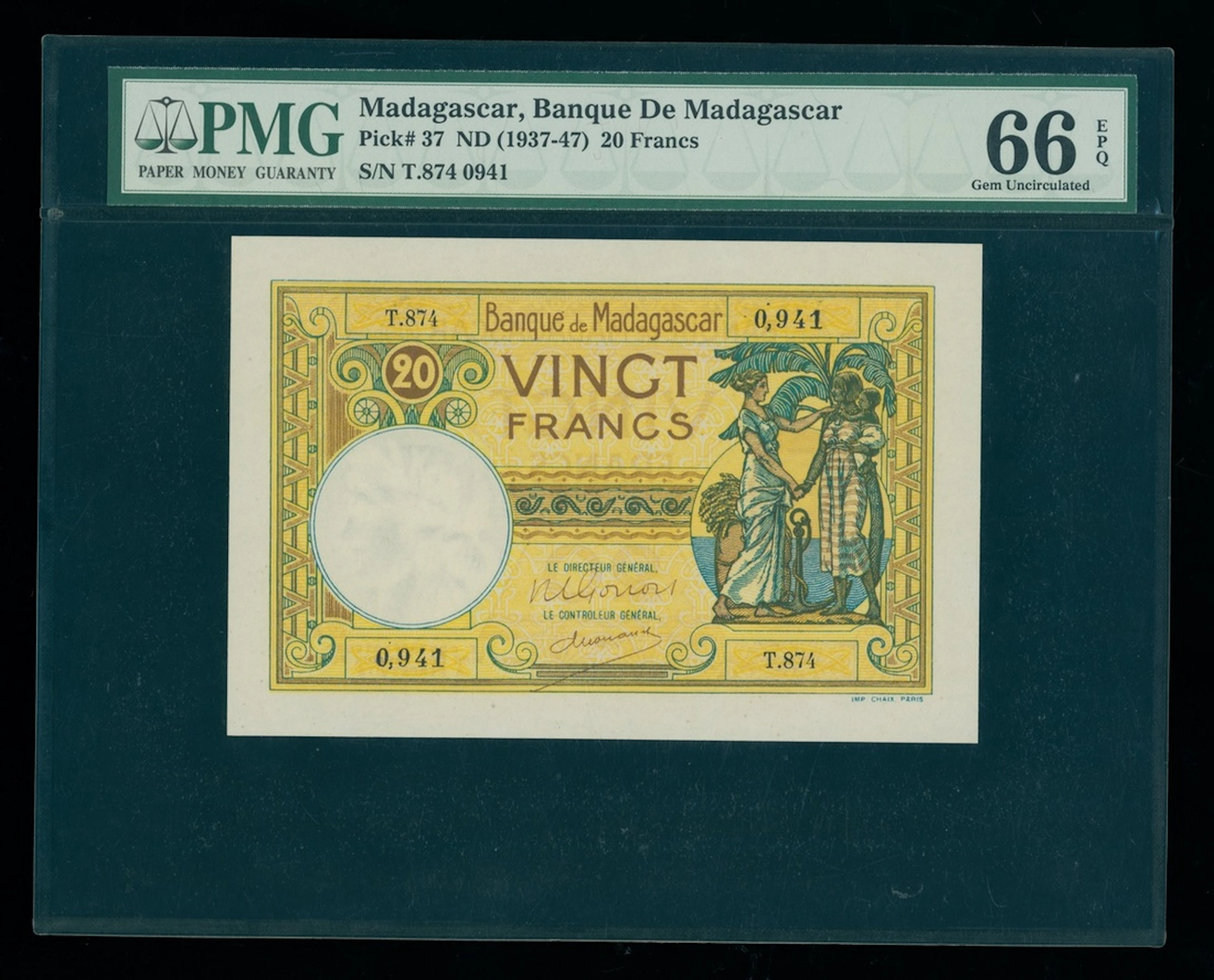 Banque de Madagascar, 20 francs, ND (1937-47), serial number T.874